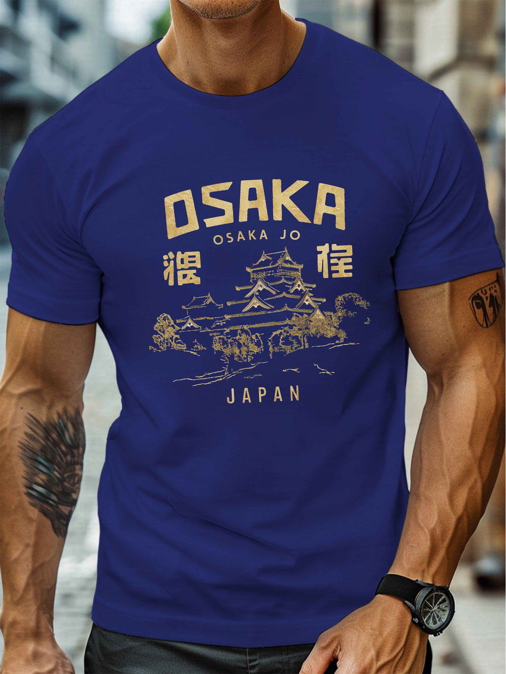 Osaka Jo Castle Illustration Print, Men's Round Crew Neck Short Sleeve Tee, Casual T-ShirtCasual Comfy Lightweight Top for Summer