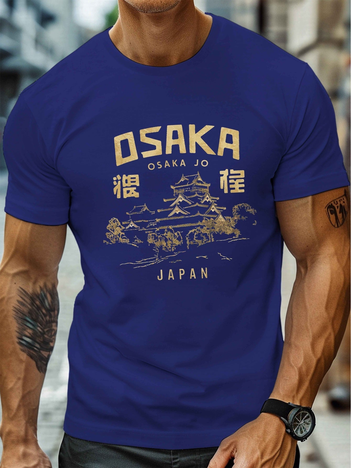 Osaka Jo Castle Illustration Print, Men's Round Crew Neck Short Sleeve Tee, Casual T-ShirtCasual Comfy Lightweight Top for Summer