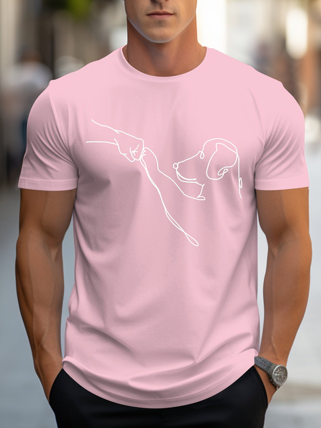 Men's Line Art Dog Print T-Shirt: Poop Scooper Exclusive! Super Cute Hand-Drawn Puppy Sketch, Minimalist Pet Interaction Design – Adorable Paw Print & Leash Graphic Tee
