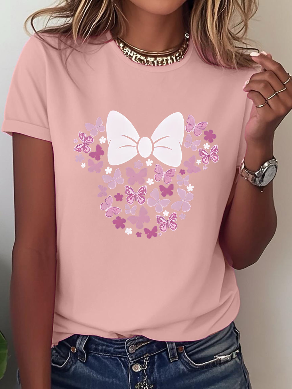 1pc Fun Printed Short Sleeve, Sweet Floral Butterfly And Bow Pattern, Women'S Fashion Casual Short Sleeve T-Shirt Blouse, Trendy Individual Fun Printed Comfortable Round Neck Base Layer, Suitable for Gift T-Shirt, Comfortable Breathable Sweatshirt