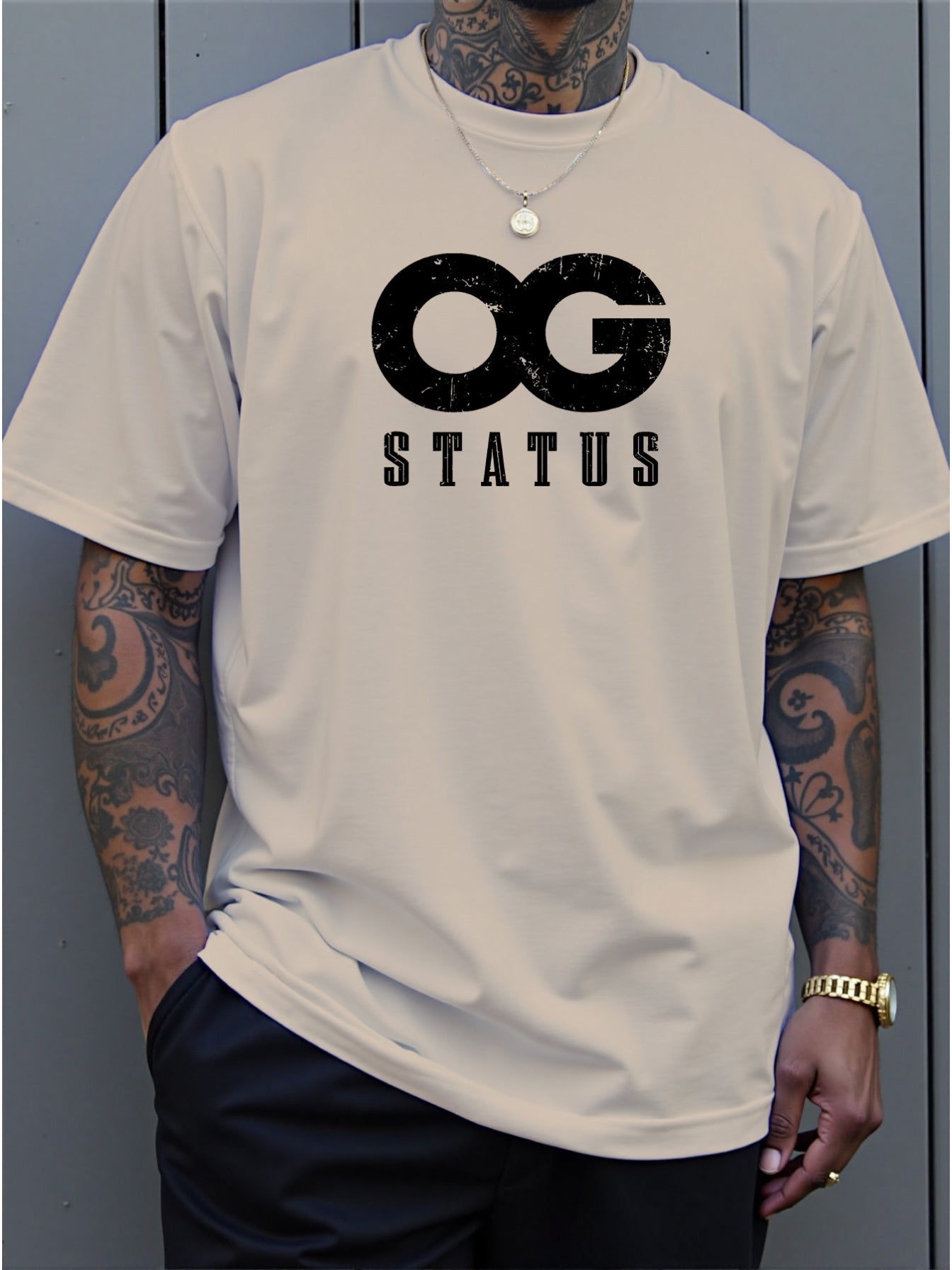 Men's Large 'OG Status' Graphic T-Shirt - Bold White OG Lettering Crew Neck Short Sleeve Shirt, Casual Summer Streetwear with Comfortable Fit & Machine Washable Suitable for Casual Attire, Gym, Lounge, PLUS SIZE