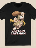 Plus Size - Plus Size - Black T-Shirt Featuring a Cartoon Caveman Design with Wild Hair, a Thick Beard, And an Expressive Face, Holding a Wooden Stick. It Has The Striking Text 'Caveman Captain', a Relaxed Fit, And Is Made from Soft Material