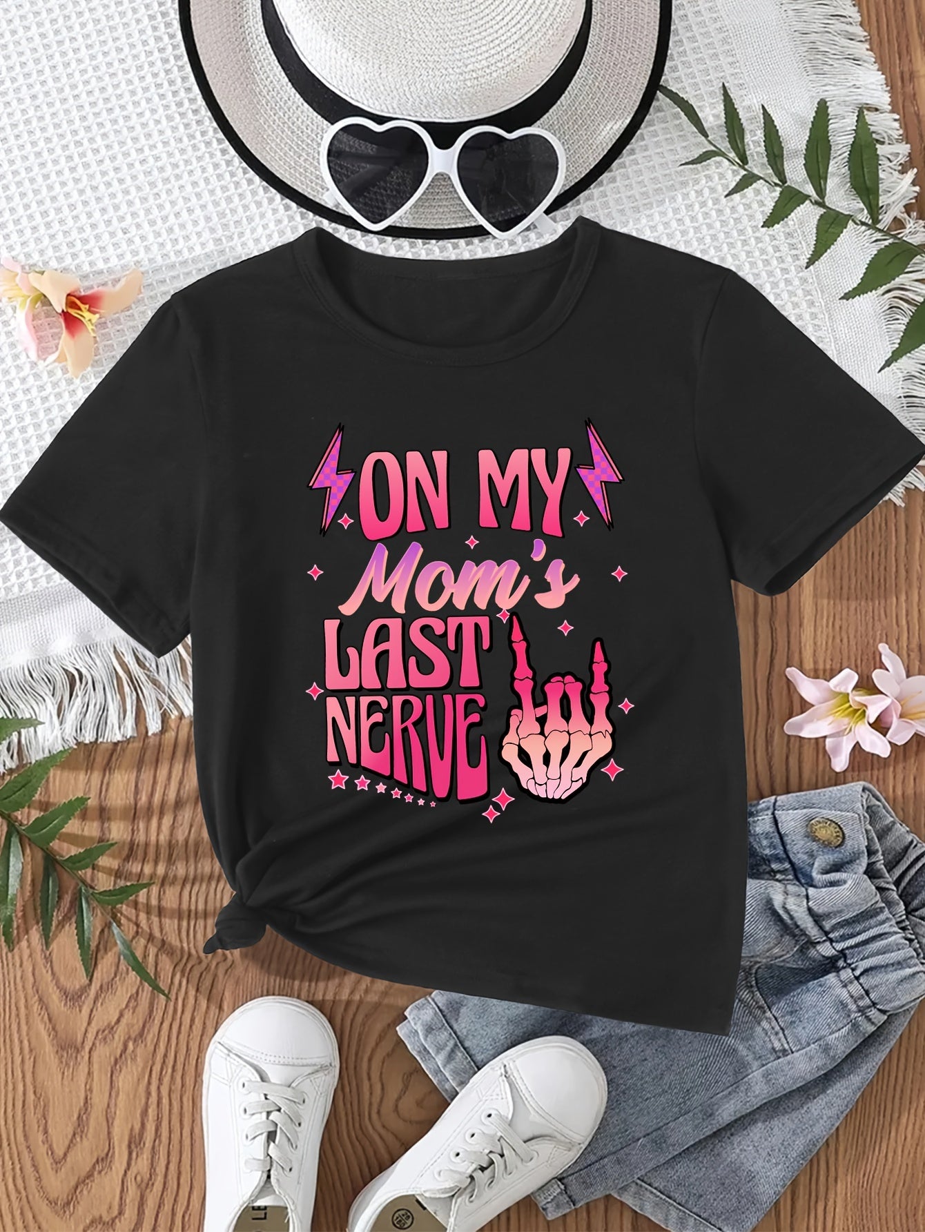 TX31172 Girl ZON MY *Mom'S LAST NERVE Pink Skull Palm Cute Casual Versatile Round Neck Black T-Shirt