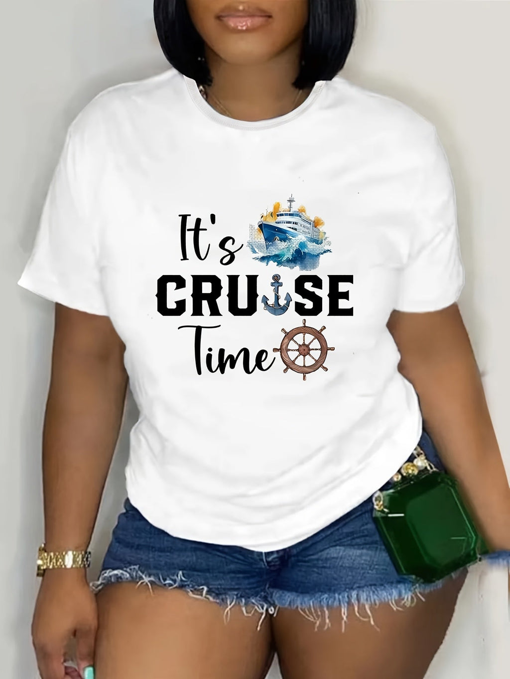 Plus Size - Plus Size - Ladies' Short-Sleeve T-Shirt with a 'Cruise Time' Pattern, Designed for Cruise Travel, Perfect for Comfortable And Casual Wear in Spring And Summer