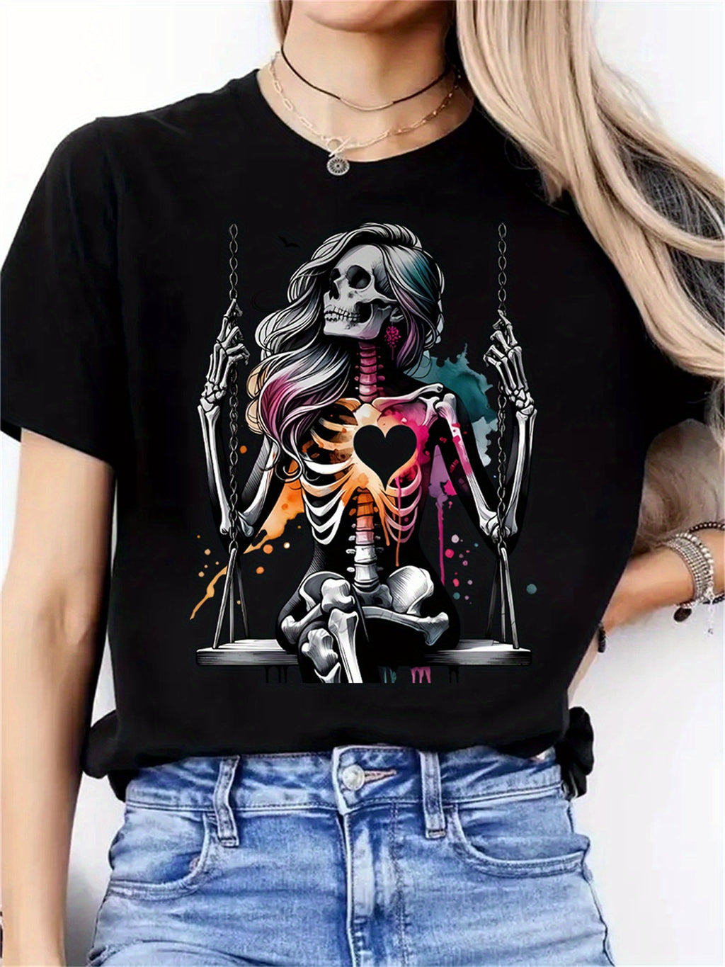 Women's Skeleton Heart Swing Graphic Print T-Shirt - Soft Stretch Round Neck Casual Tee, Machine Washable All-Season Comfort Fit, Sporty Style Shirt, Artistic Fashion Shirt, Nontransparent Fabric