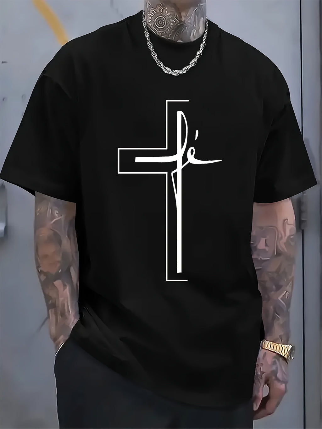 Men'S Casual Outdoor Short-Sleeve T-Shirt with a Summer Cross Religious Print in Plus Size