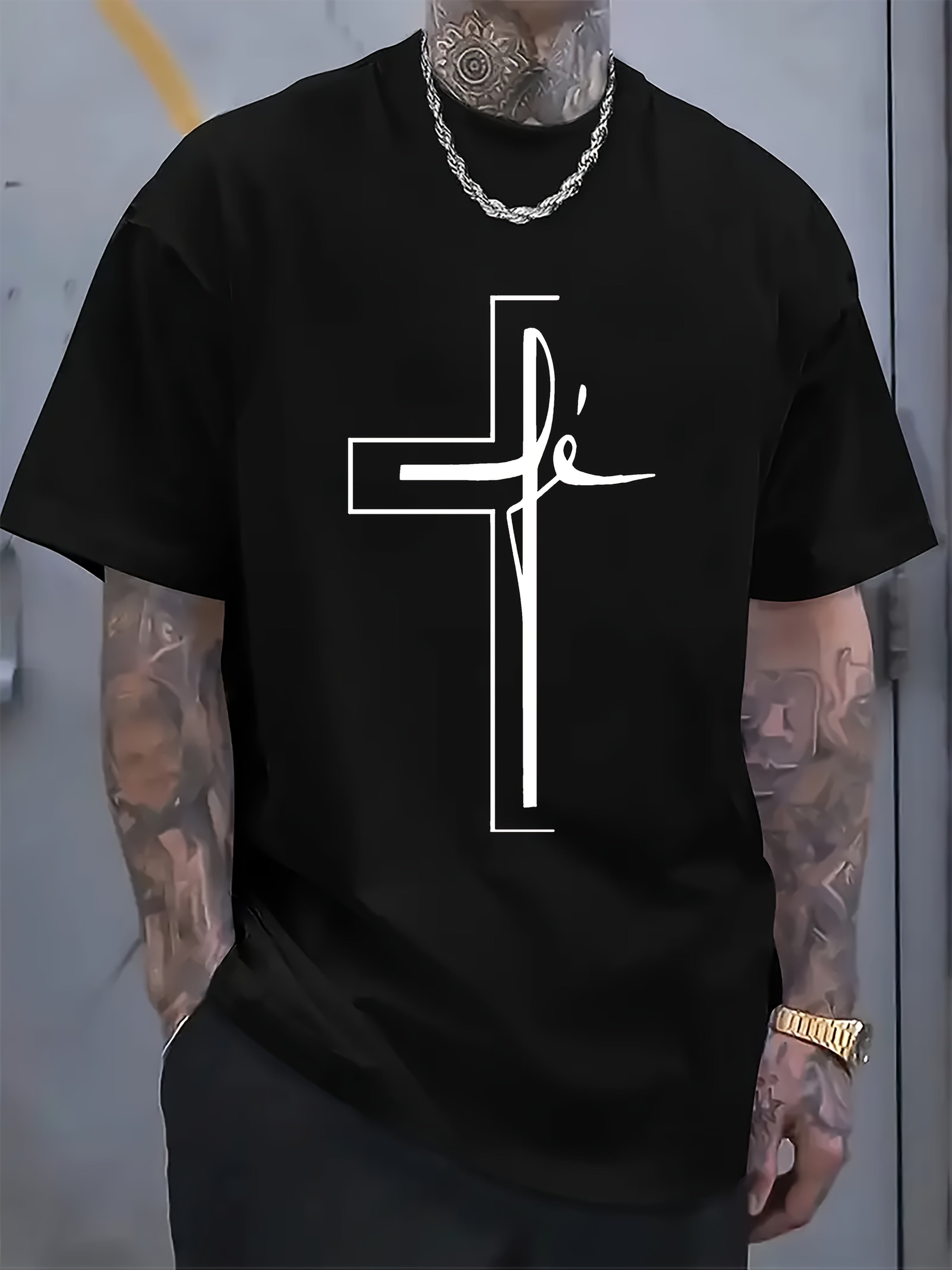 Men'S Casual Outdoor Short-Sleeve T-Shirt with a Summer Cross Religious Print in Plus Size