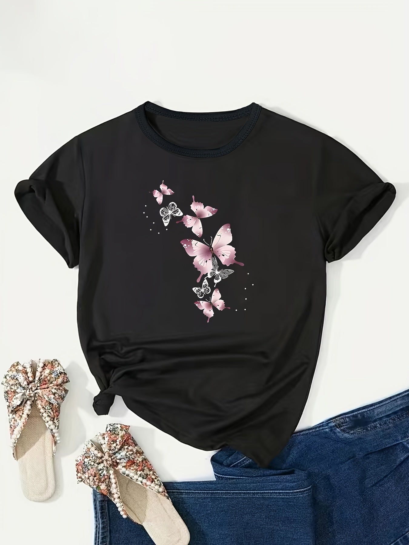 Plus Size, Pink Butterfly Print Plus Size Women's T-Shirt