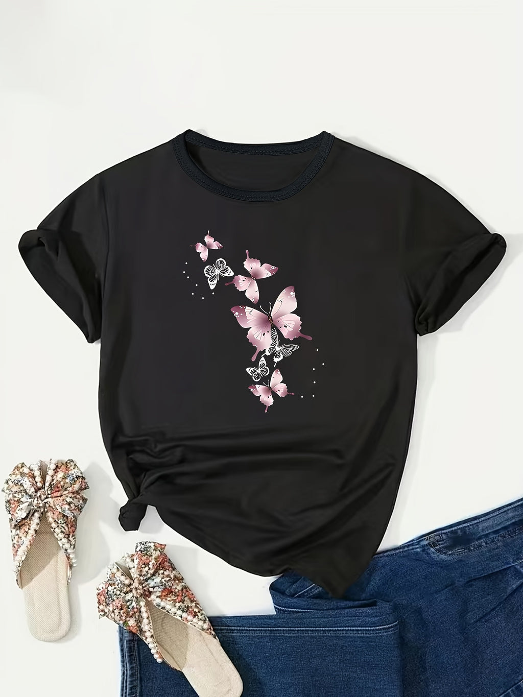 Plus Size, Pink Butterfly Print Plus Size Women's T-Shirt