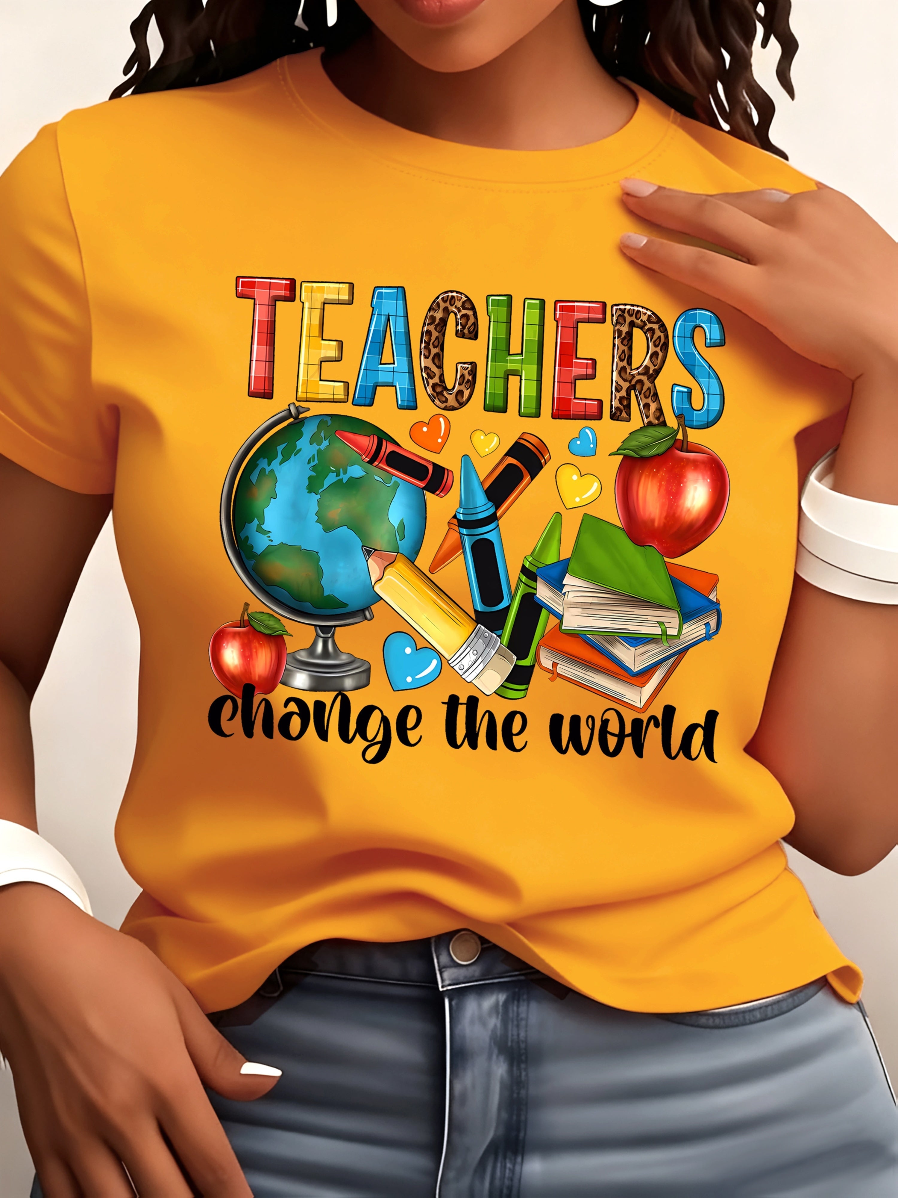 Teacher Print Crew Neck T-Shirt, Casual Short Sleeve T-Shirt for Spring & Summer, Women's Clothing