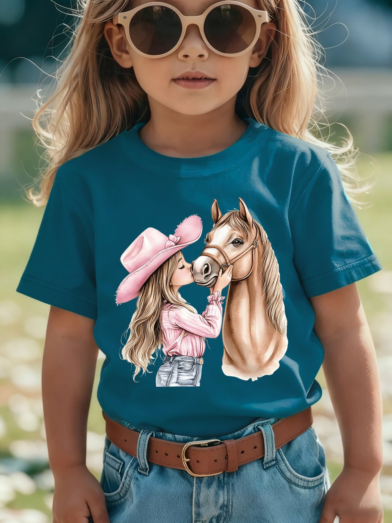 Girls' Summer Short Sleeve T-Shirt with Kissable Horse & Mara' Cartoon Patch - Pink Casual Round Neck Blouse for Equestrian Outfits NY-DX7632