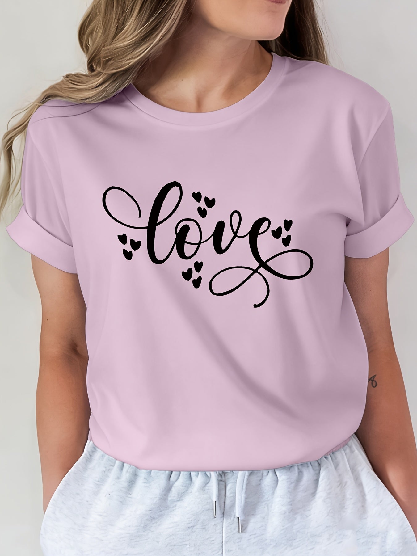 Letter Print T-Shirt, Short Sleeve Crew Neck Casual Top for Summer And Spring, Women'S Clothing