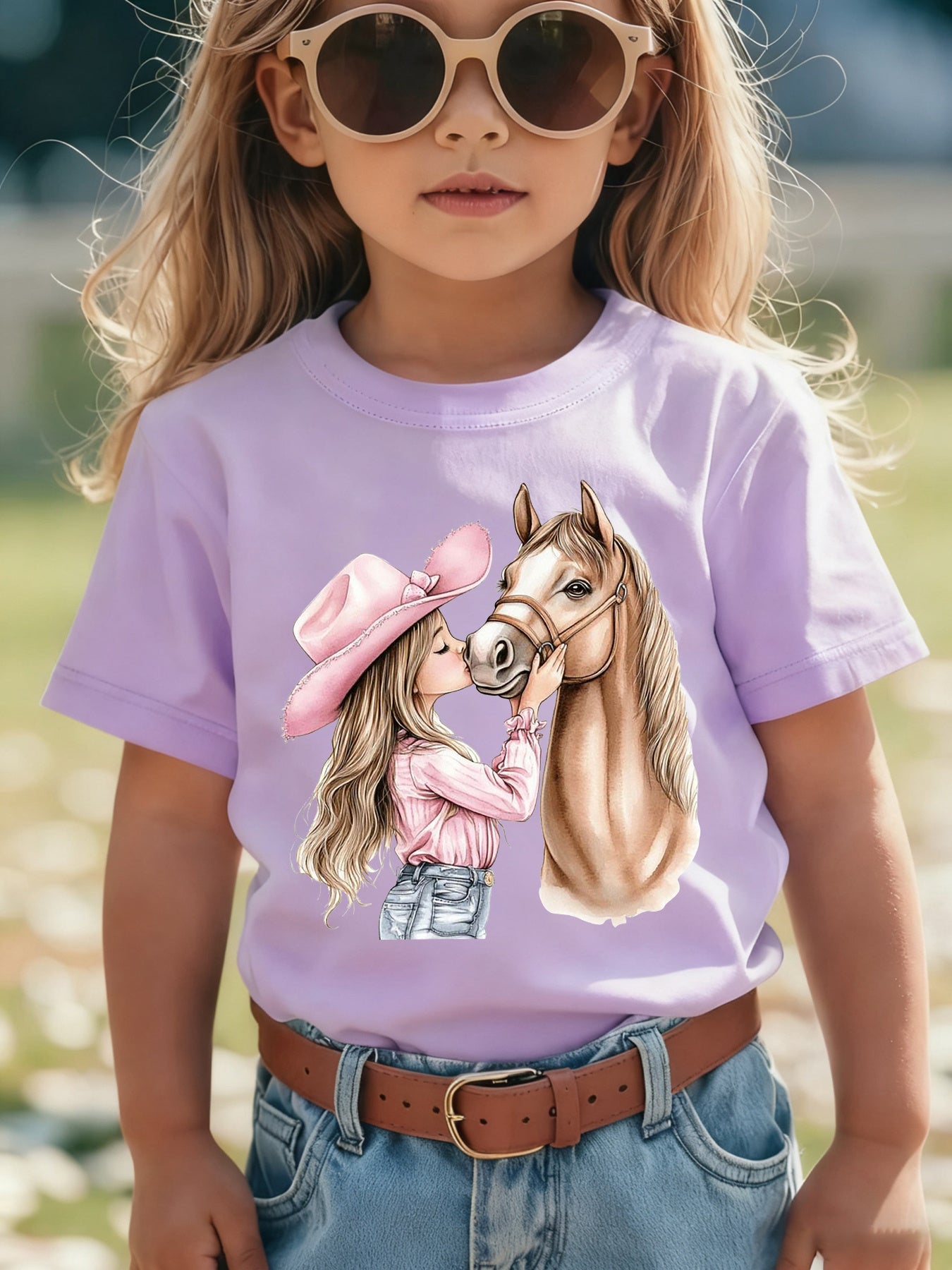 Girls' Summer Short Sleeve T-Shirt with Kissable Horse & Mara' Cartoon Patch - Pink Casual Round Neck Blouse for Equestrian Outfits NY-DX7632