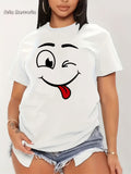 Plus Size - Plus Size - Plus-Size T-Shirt Featuring a 'Smile Pattern' Print, with Fun Expression Graphics on Short Sleeves