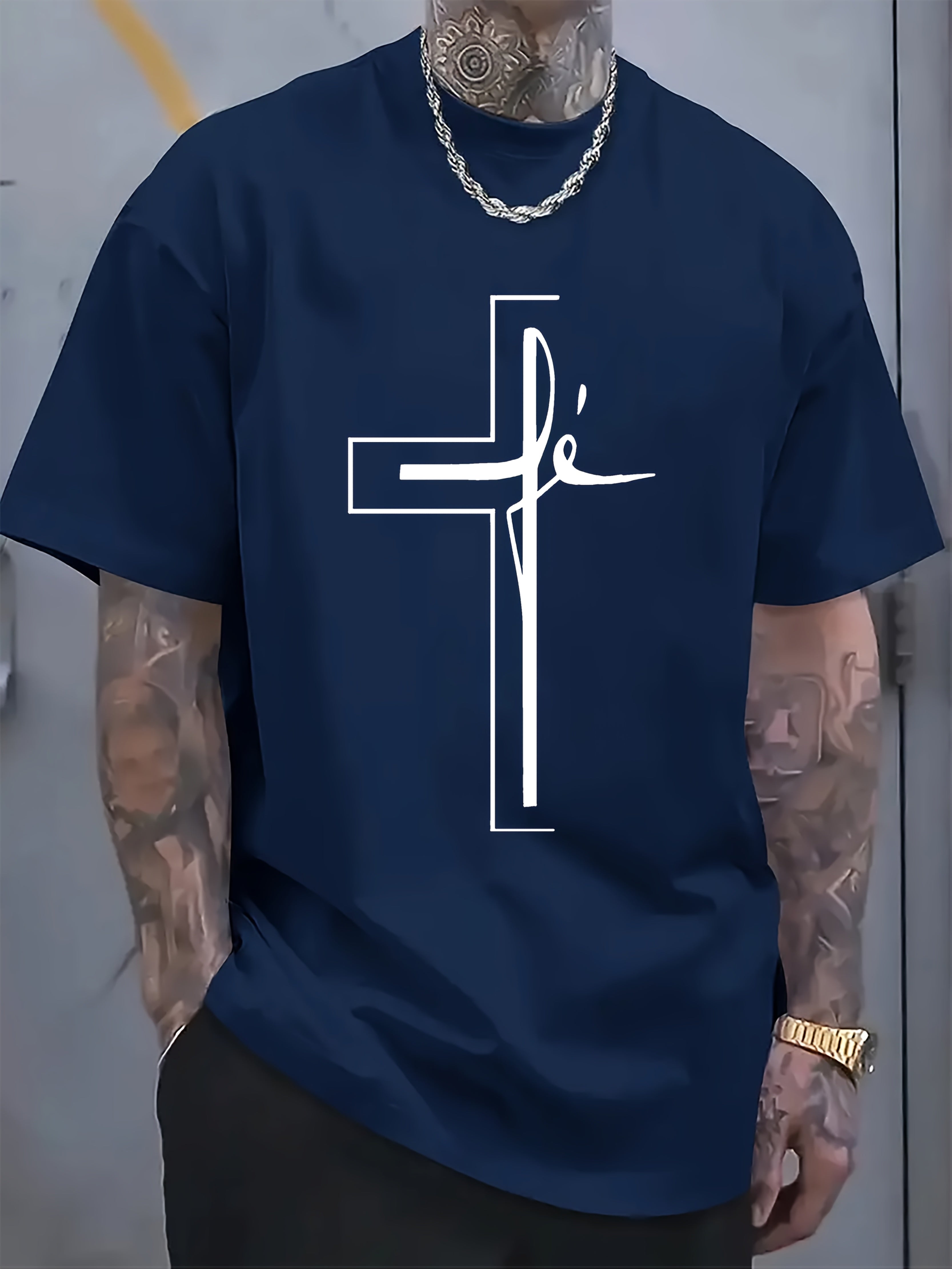 Men'S Casual Outdoor Short-Sleeve T-Shirt with a Summer Cross Religious Print in Plus Size