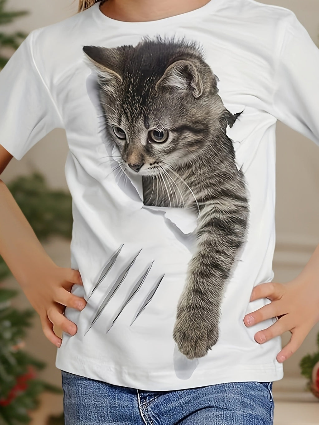 Pretty Girl's Cute 3D Cat Print Casual Short-Sleeve T-Shirt