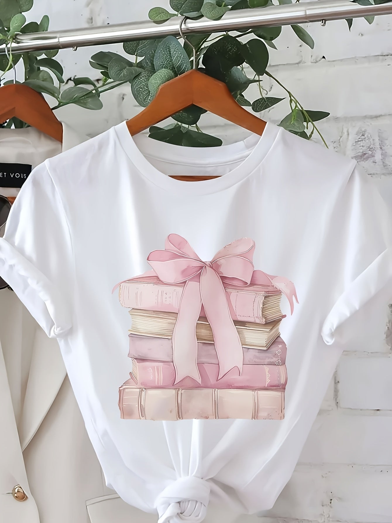 Women's Short Sleeve T-Shirt, Fashionable Book Stacking Bow Pattern Print, Soft Polyester Blend Fabric, Round Neck Casual Spring/Summer Top