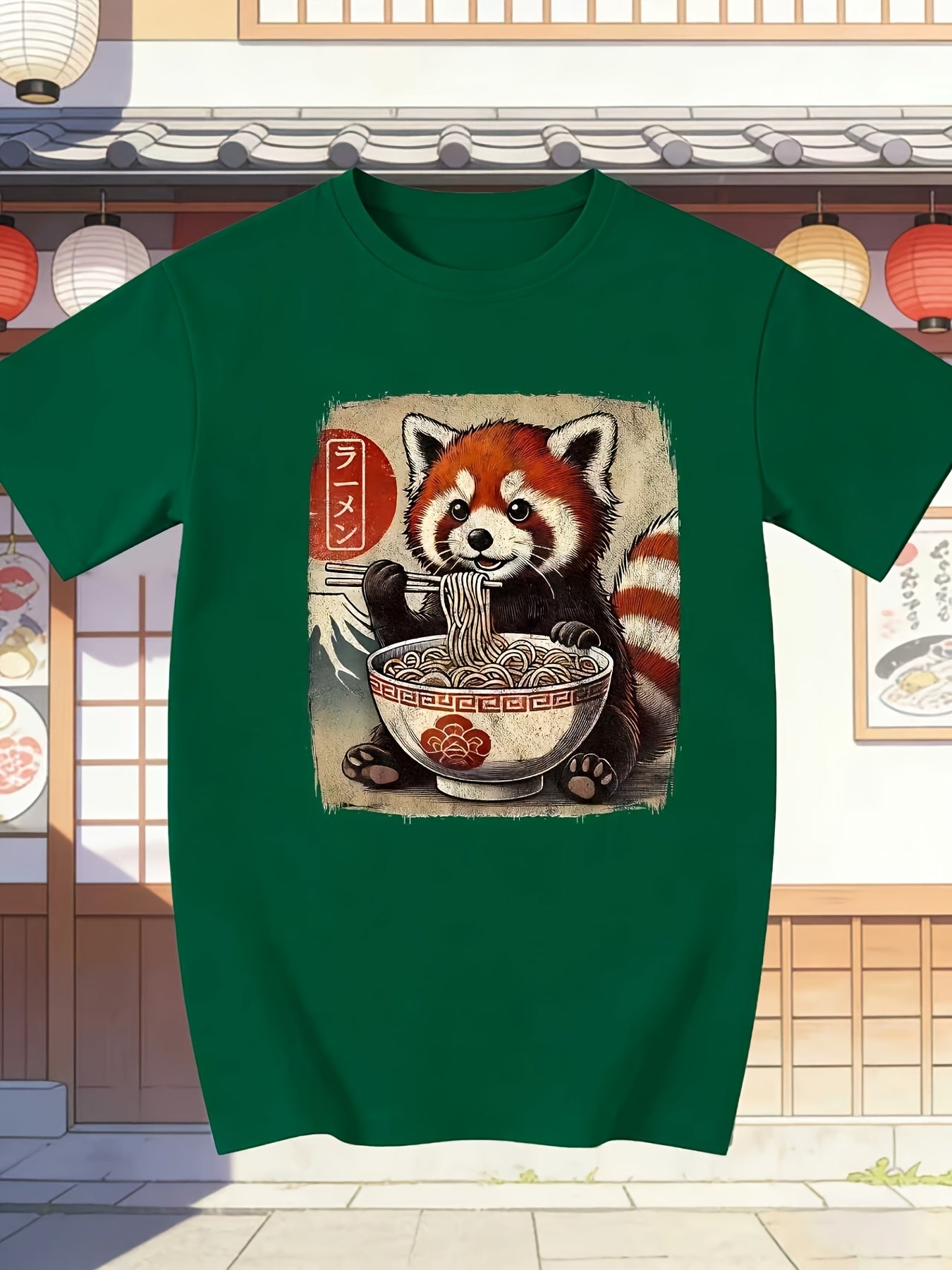 Men'S Funny Red Panda Eating Ramen Japanese Kawaii Anime Design T-Shirt - Black Casual Short Sleeve Crew Neck, Suitable for Outdoor Activities And Daily Wear