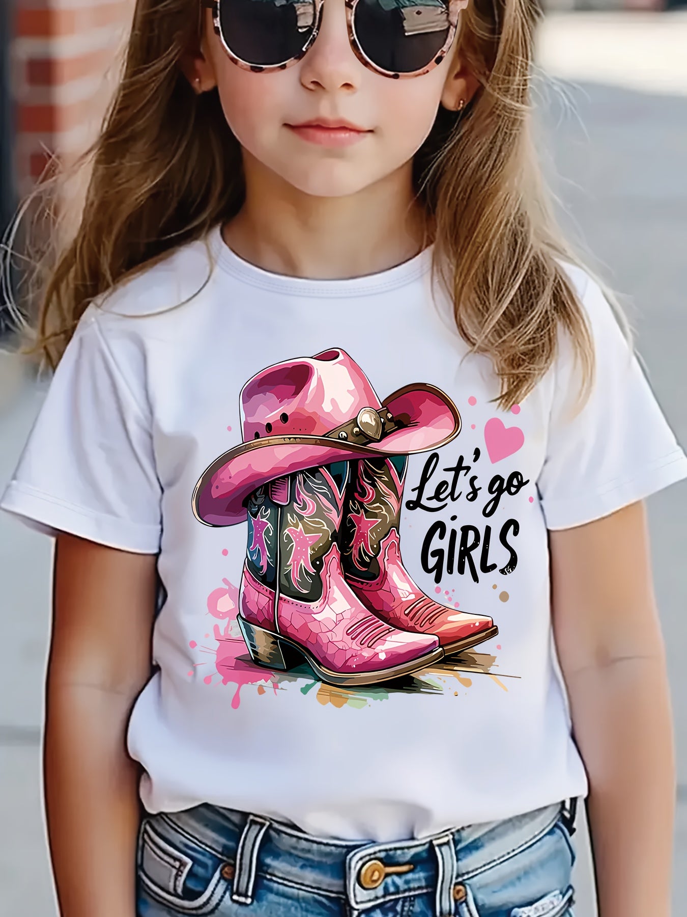 Fashion Vintage Girls Summer T-Shirt, Stylish Cowboy Boots Pattern Print T-Shirt, Let'S Go, Girls Letter Print T-Shirt, Trendy Toddler Girls T-Shirt, Casual And Light Comfortable Crew Neck Short Sleeve T-Shirt, Girls' Clothing