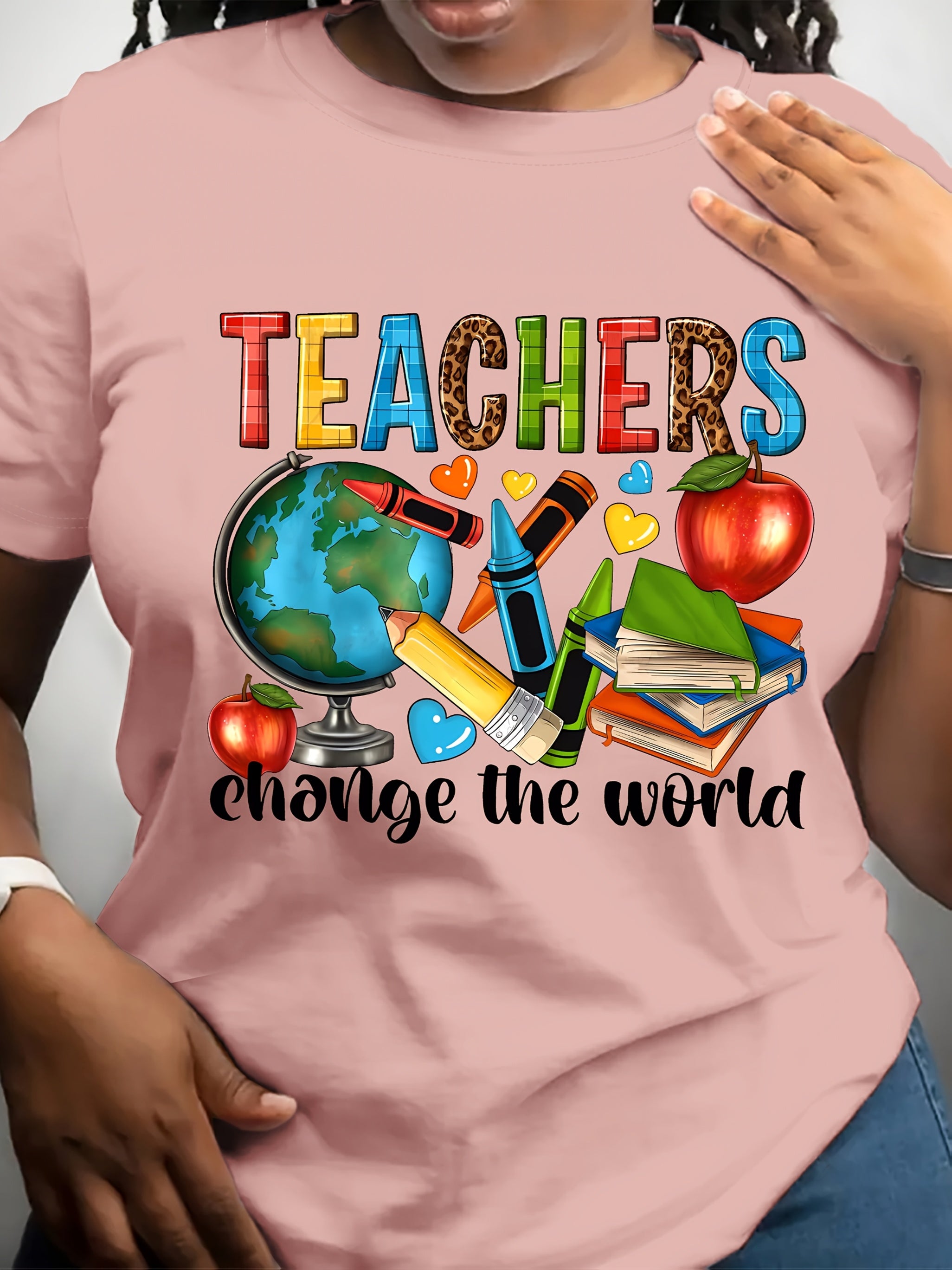 Teacher Print Crew Neck T-Shirt, Casual Short Sleeve T-Shirt for Spring & Summer, Women's Clothing