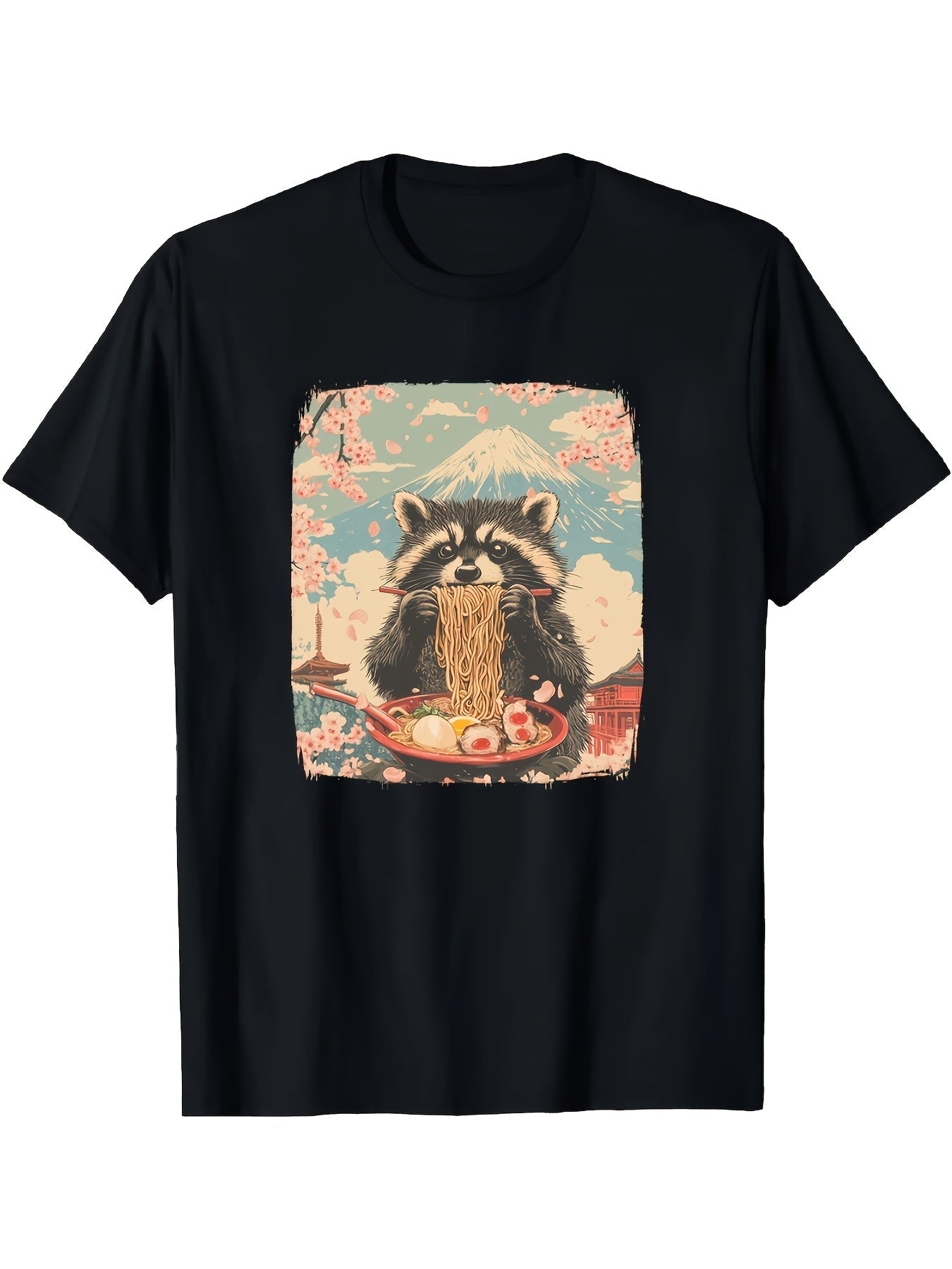 Men'S Funny Red Panda Eating Ramen Japanese Kawaii Anime Design T-Shirt - Black Casual Short Sleeve Crew Neck, Suitable for Outdoor Activities And Daily Wear