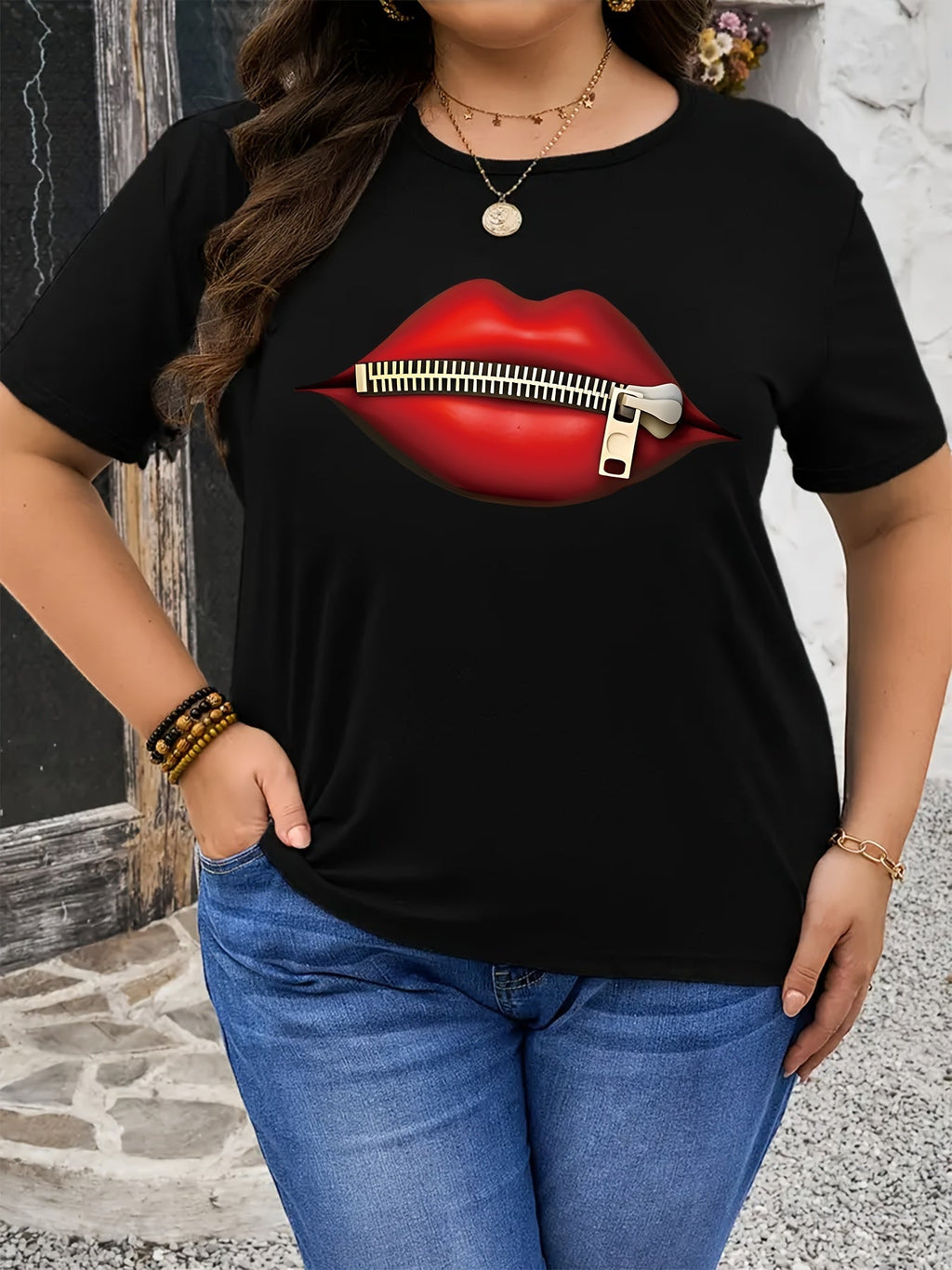 Plus Size - Plus Size - Red Lips Print Plus Size Women'S T-Shirt