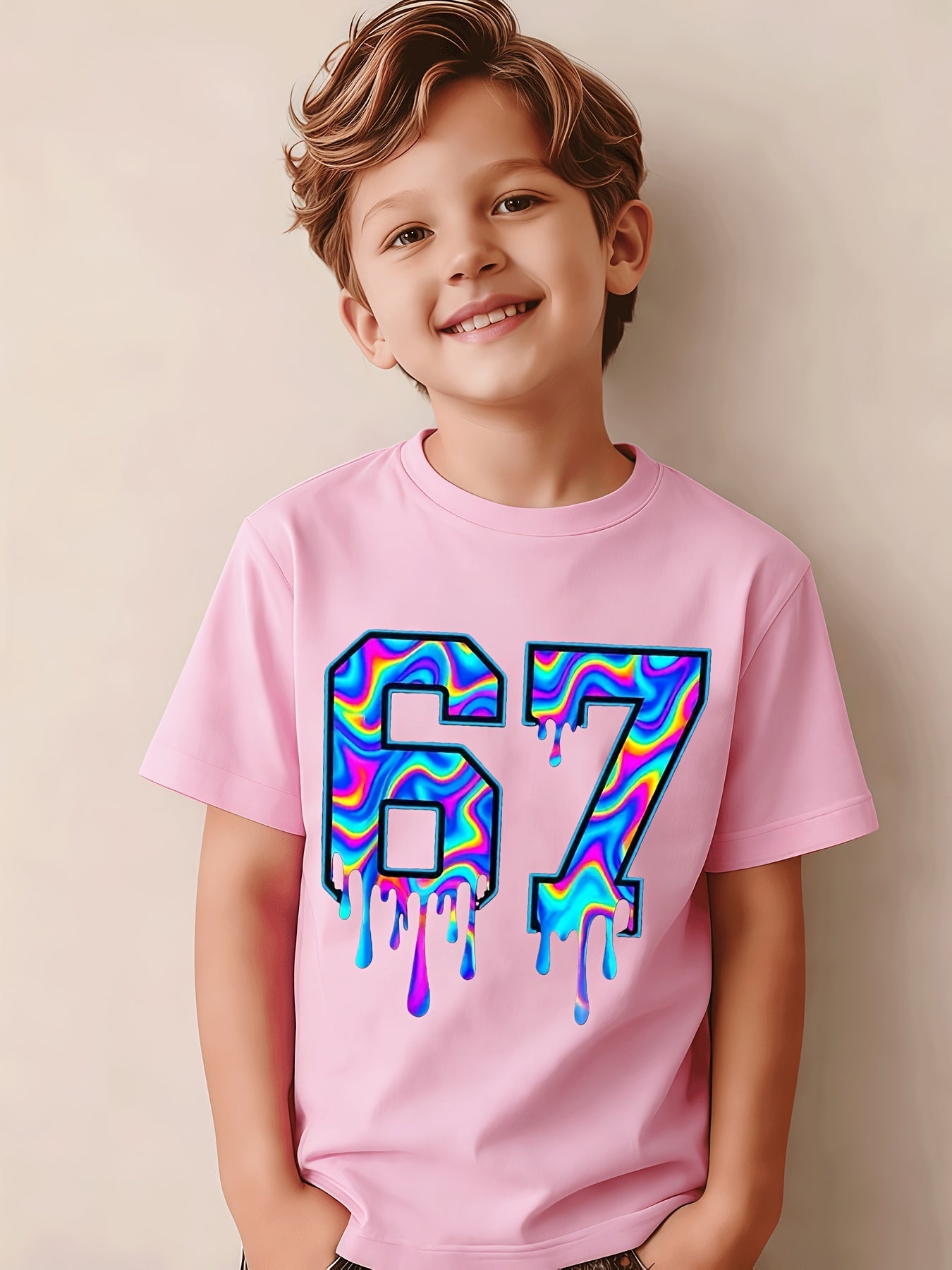 Soft And Breathable Vortex Six Seven Drops 6 7 Boys And Girls Pattern T-Shirt - Crew Neck Shirt, Suitable for Early Elementary School - Birthday Party Clothes Or Everyday Play Clothes - Easy-Care Parent-Favorite Clothes, Casual Wear