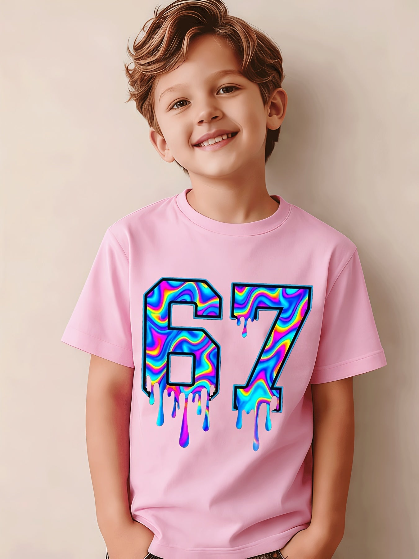 Soft And Breathable Vortex Six Seven Drops 6 7 Boys And Girls Pattern T-Shirt - Crew Neck Shirt, Suitable for Early Elementary School - Birthday Party Clothes Or Everyday Play Clothes - Easy-Care Parent-Favorite Clothes, Casual Wear