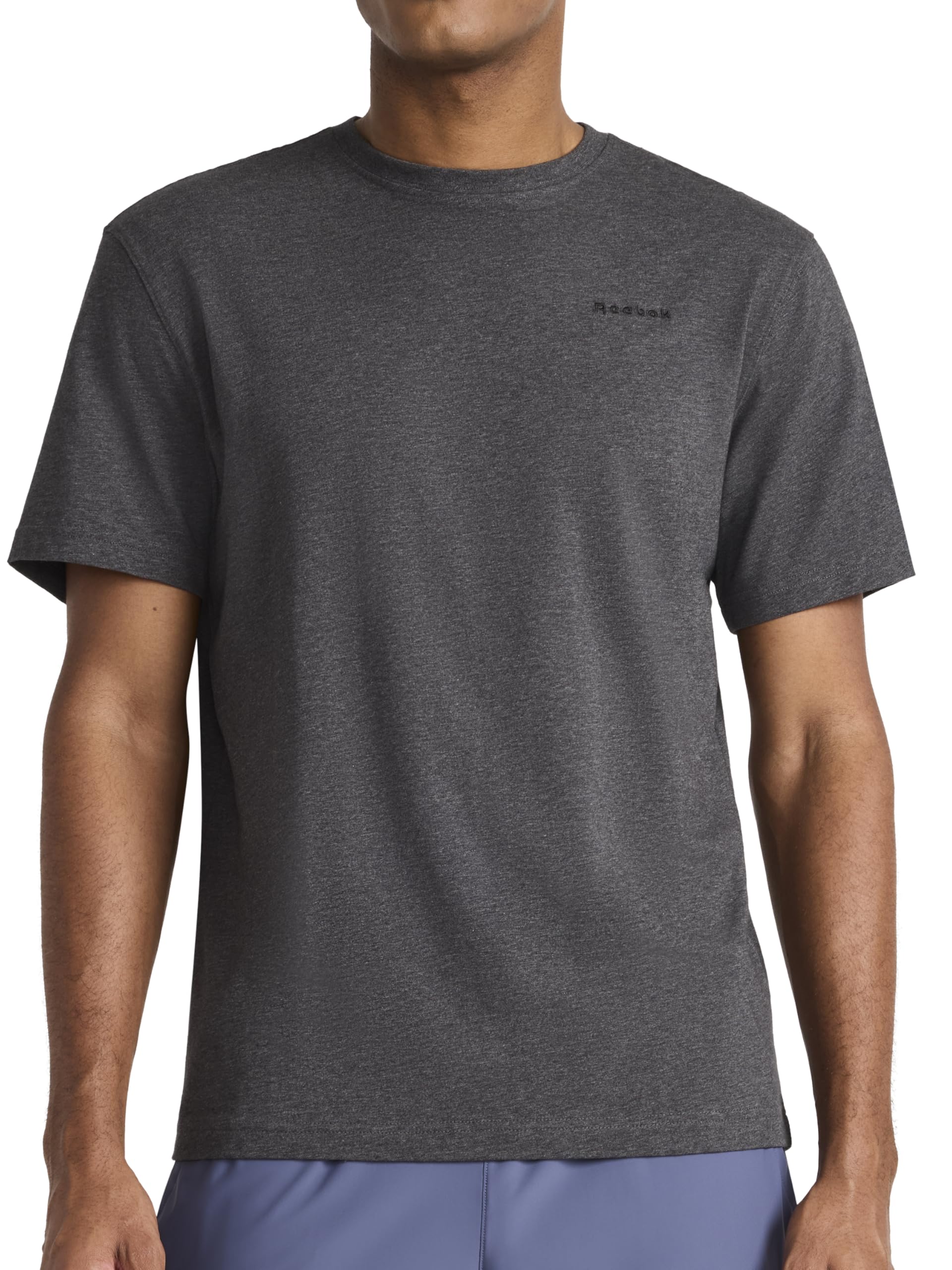 Reebok Men's Short Sleeve Crewneck Embroidered T-Shirt, Standard Fit, Lightweight Stretch Cotton Fabric