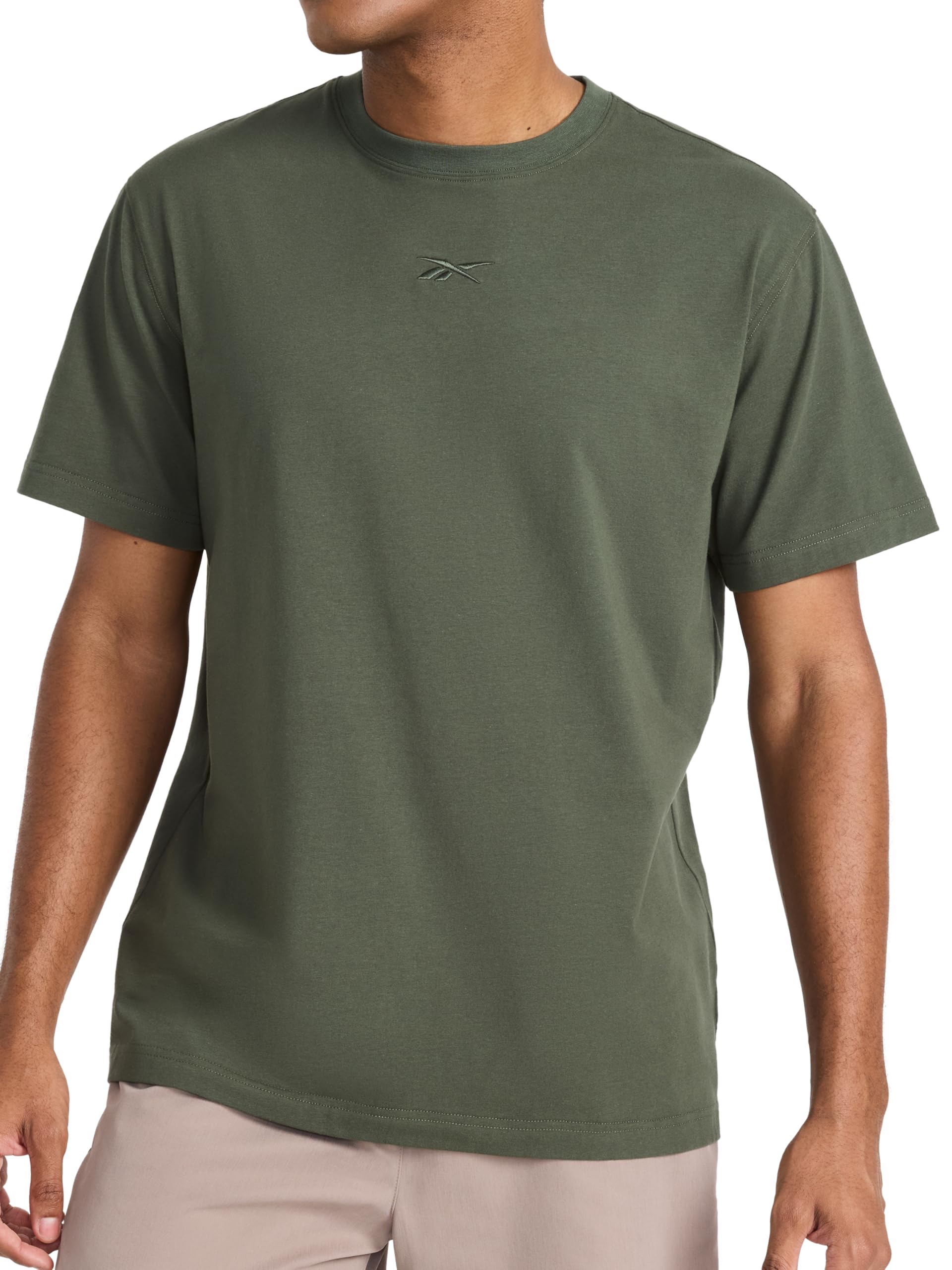 Reebok Men's Short Sleeve Crewneck Embroidered T-Shirt, Standard Fit, Lightweight Stretch Cotton Fabric