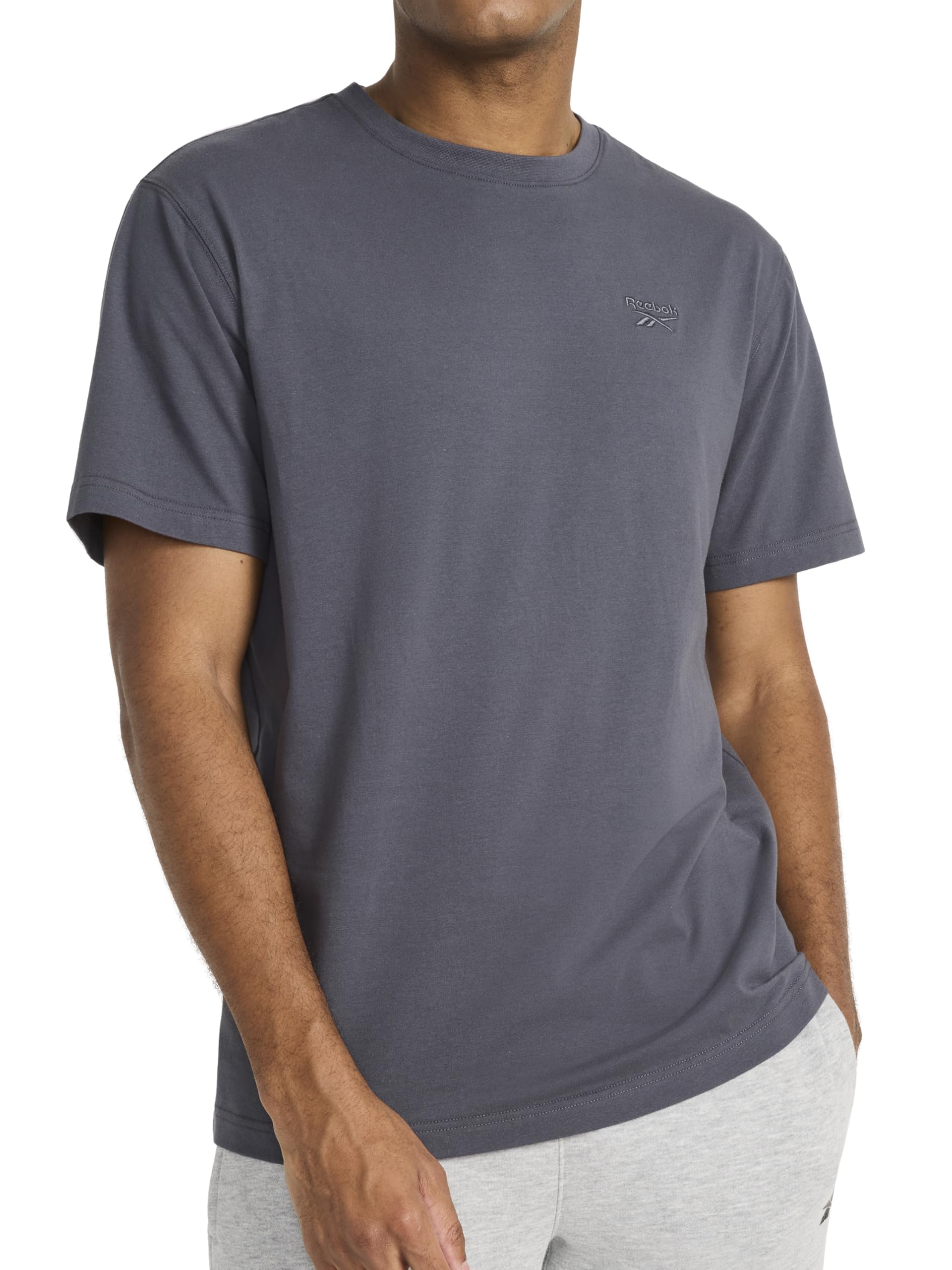 Reebok Men's Short Sleeve Crewneck Embroidered T-Shirt, Standard Fit, Lightweight Stretch Cotton Fabric