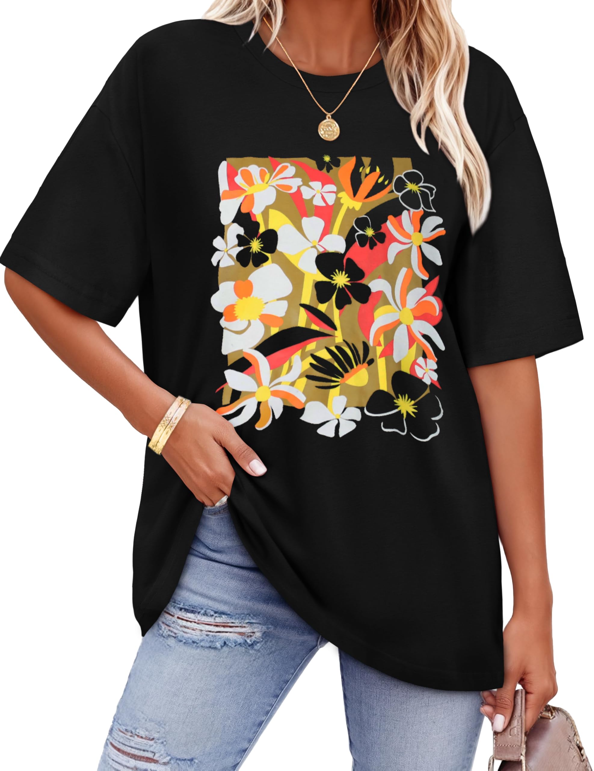 ADOREJOY Oversized Tshirts for Women Crewneck Summer Graphic Tees Short Sleeve Loose Basic Tops 2026