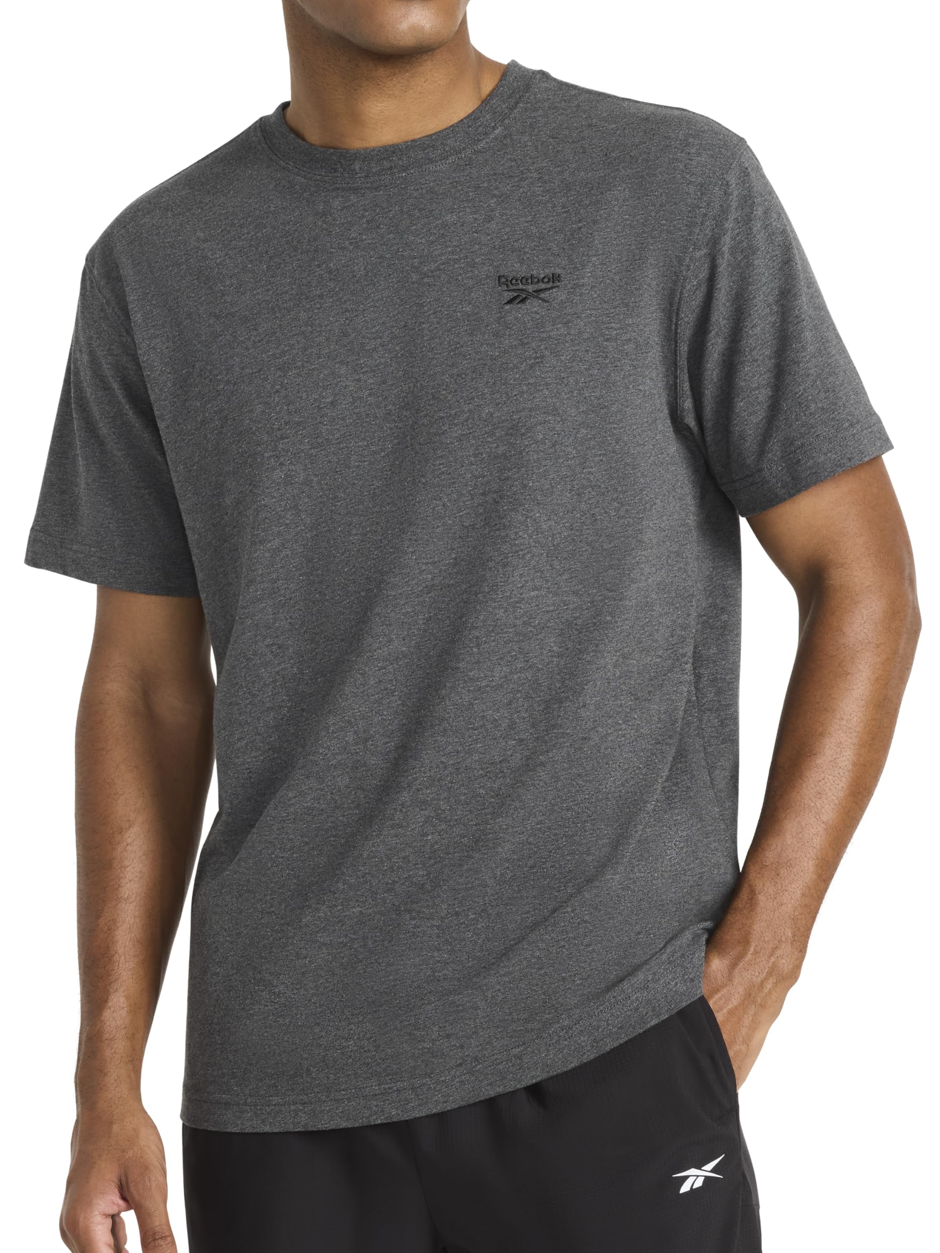 Reebok Men's Short Sleeve Crewneck Embroidered T-Shirt, Standard Fit, Lightweight Stretch Cotton Fabric