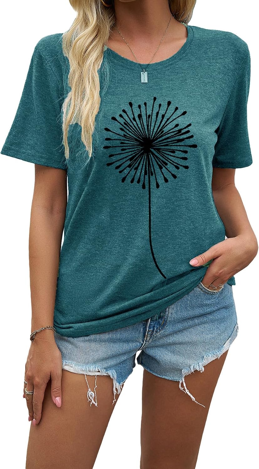 Womens Dandelion T Shirts Sunflower Graphic Casual Tees Short Sleeve Tops