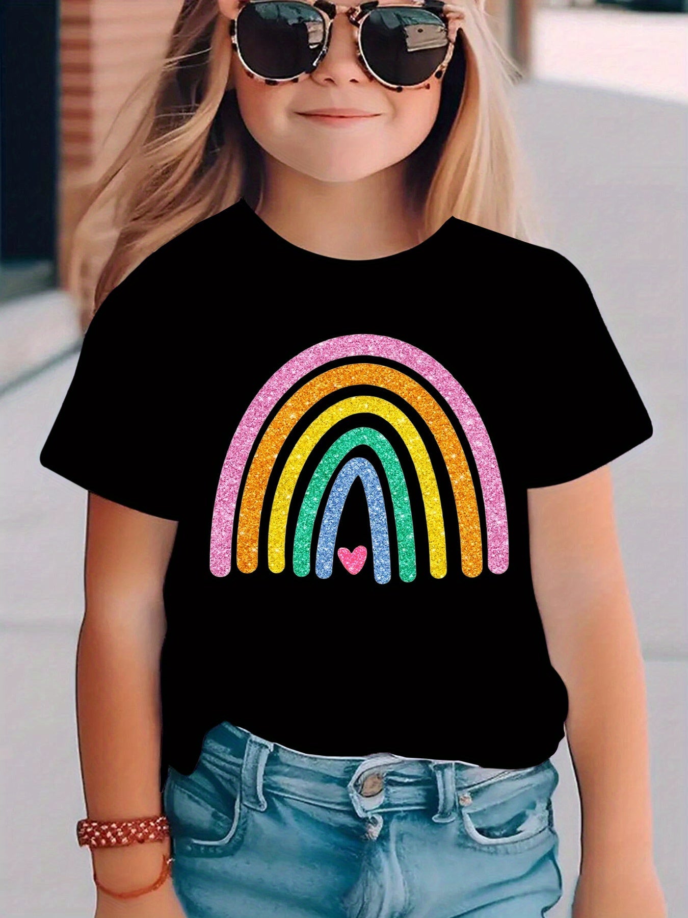 Summer Fashion Girls' Short Sleeve T-Shirt with Rainbow Heart Print, Casual Versatile Top NY-DX5490
