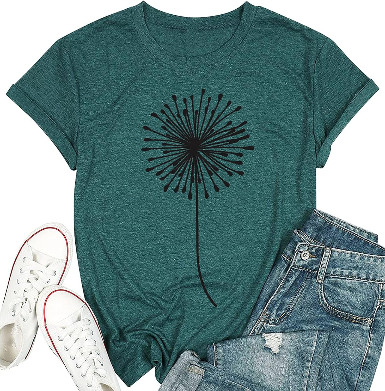 Womens Dandelion T Shirts Sunflower Graphic Casual Tees Short Sleeve Tops