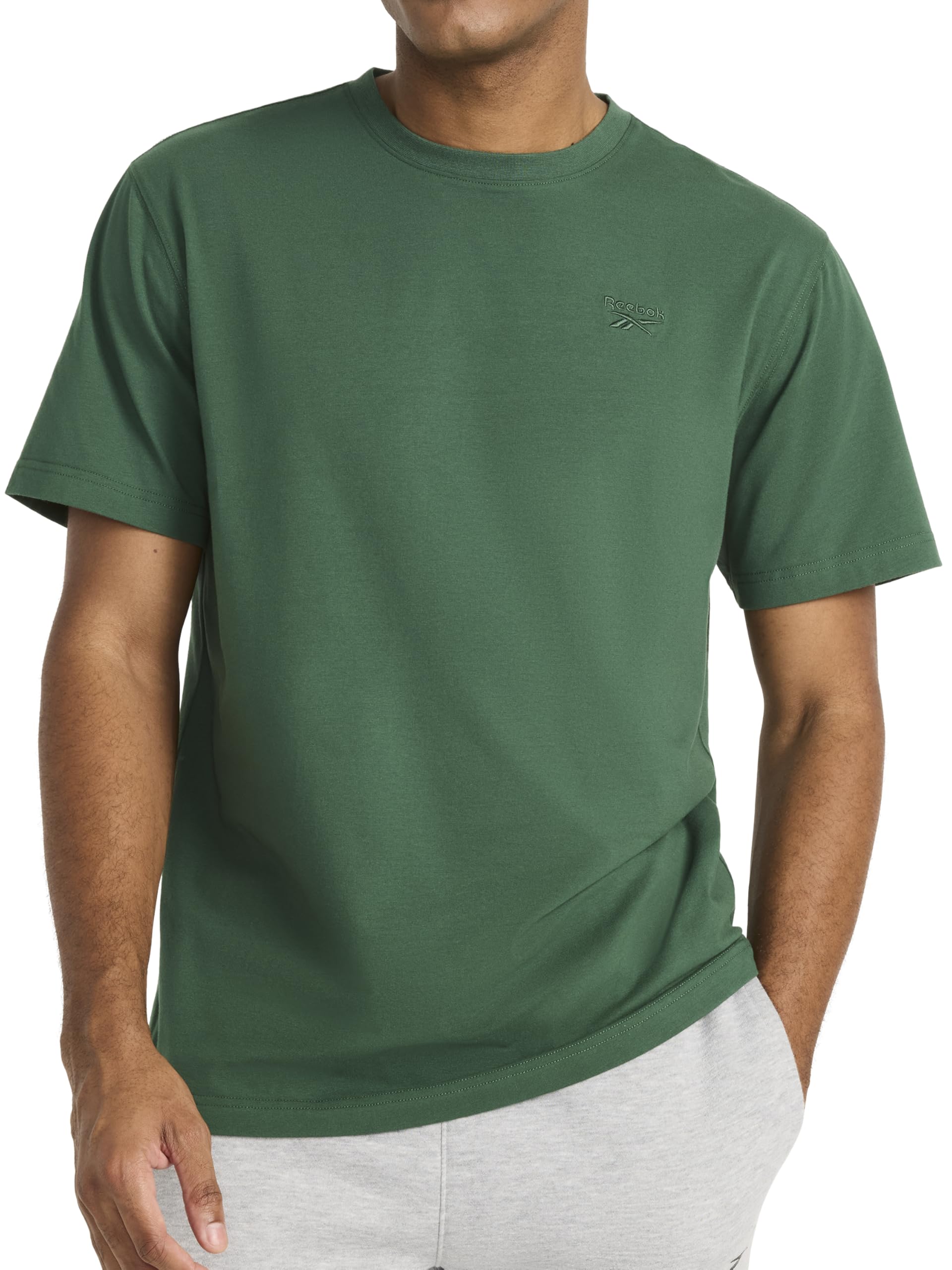 Reebok Men's Short Sleeve Crewneck Embroidered T-Shirt, Standard Fit, Lightweight Stretch Cotton Fabric