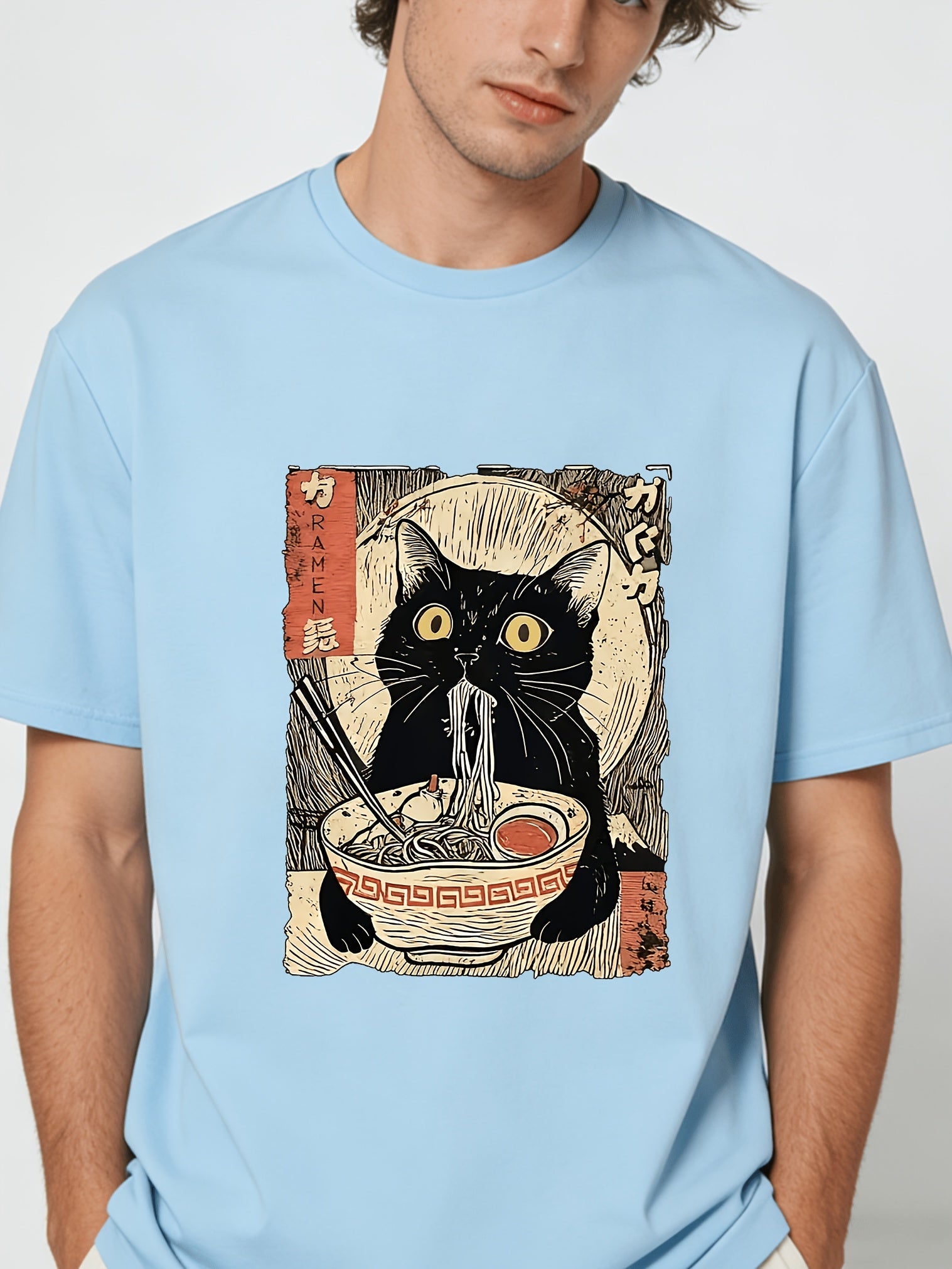 Men's Vintage Japanese Ramen Cat T-Shirt - Kitten Eating Noodles Print Round Neck Short Sleeve, Anime Cat & Ramen Lovers Casual Shirt, Machine Washable Comfortable Casual Attire