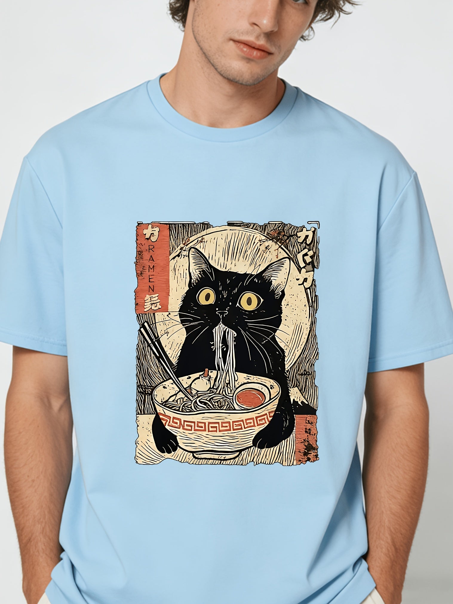 Men's Vintage Japanese Ramen Cat T-Shirt - Kitten Eating Noodles Print Round Neck Short Sleeve, Anime Cat & Ramen Lovers Casual Shirt, Machine Washable Comfortable Casual Attire