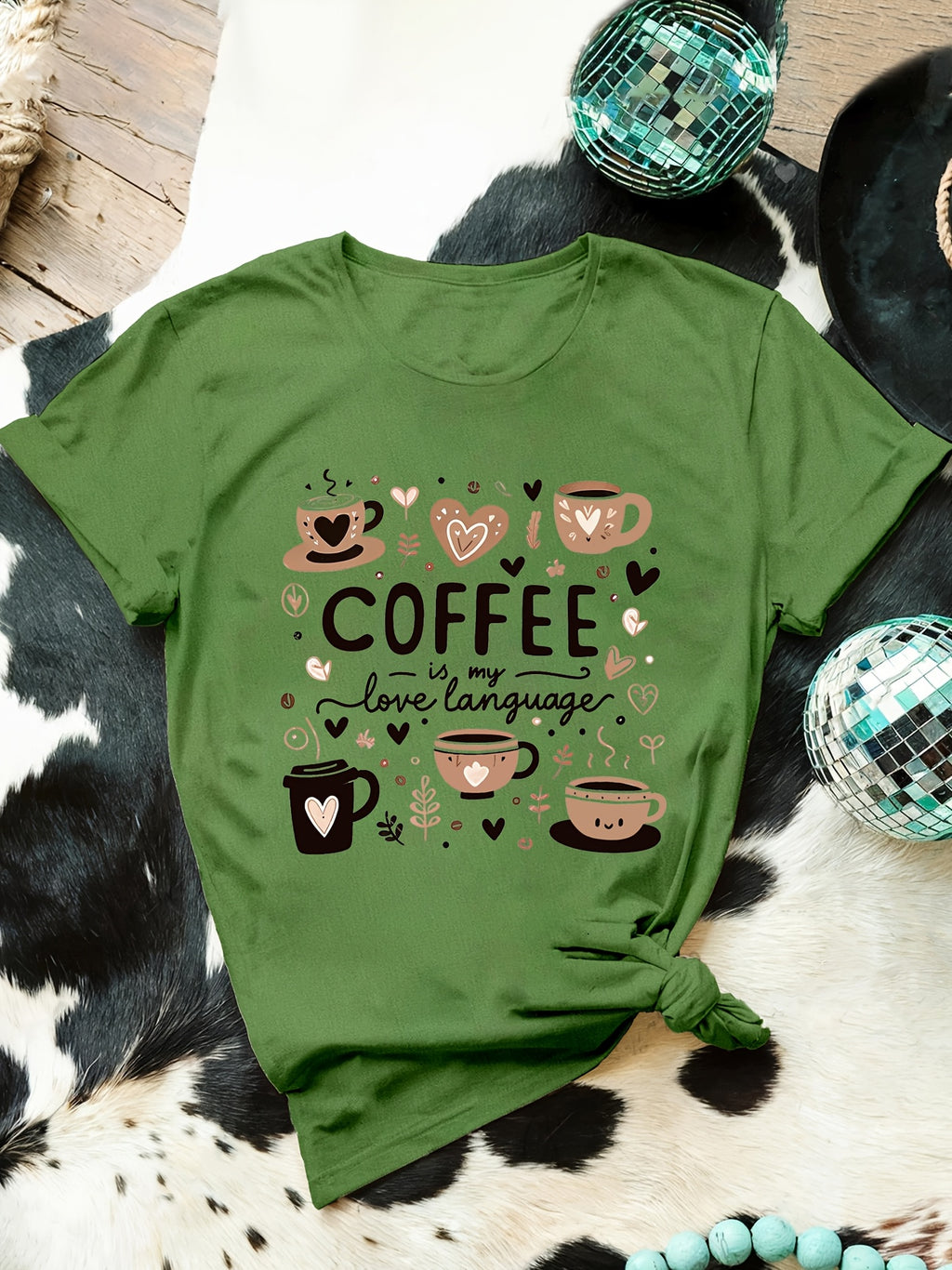 Cute Coffee Graphic Print T-Shirt, Short Sleeve Crew Neck Casual Top for Summer And Spring, Women'S Clothing