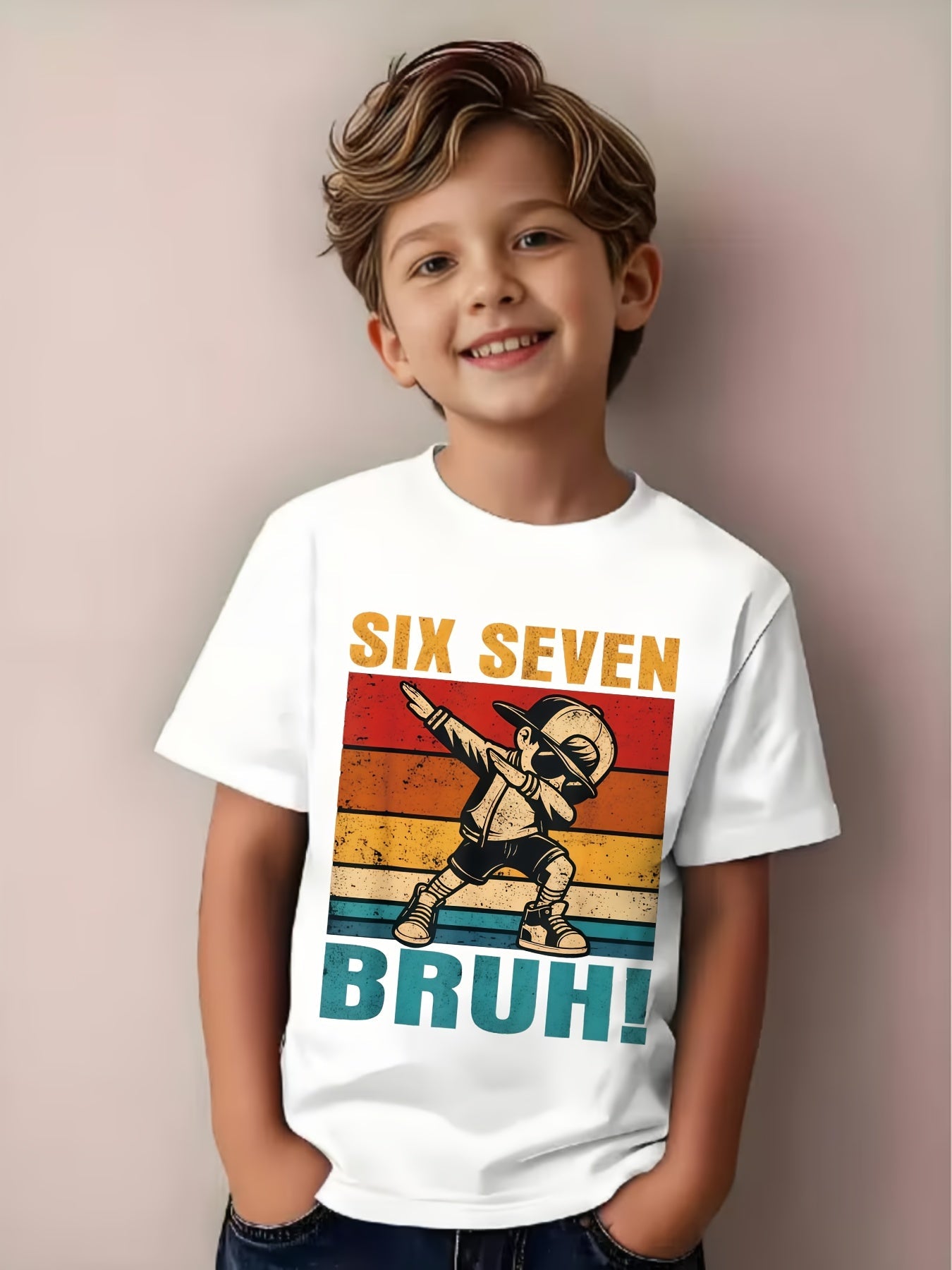 Fun Six Seven Bruh Internet Meme T-Shirt for Boys and Girls - "67" Number Design with Dab Dance Pose - Casual Round Neck Tee, Comfortable for All Seasons, Trendy Gift for Youth - "67" Graphic and Bruh Text, Spring/Summer Vacation Wear