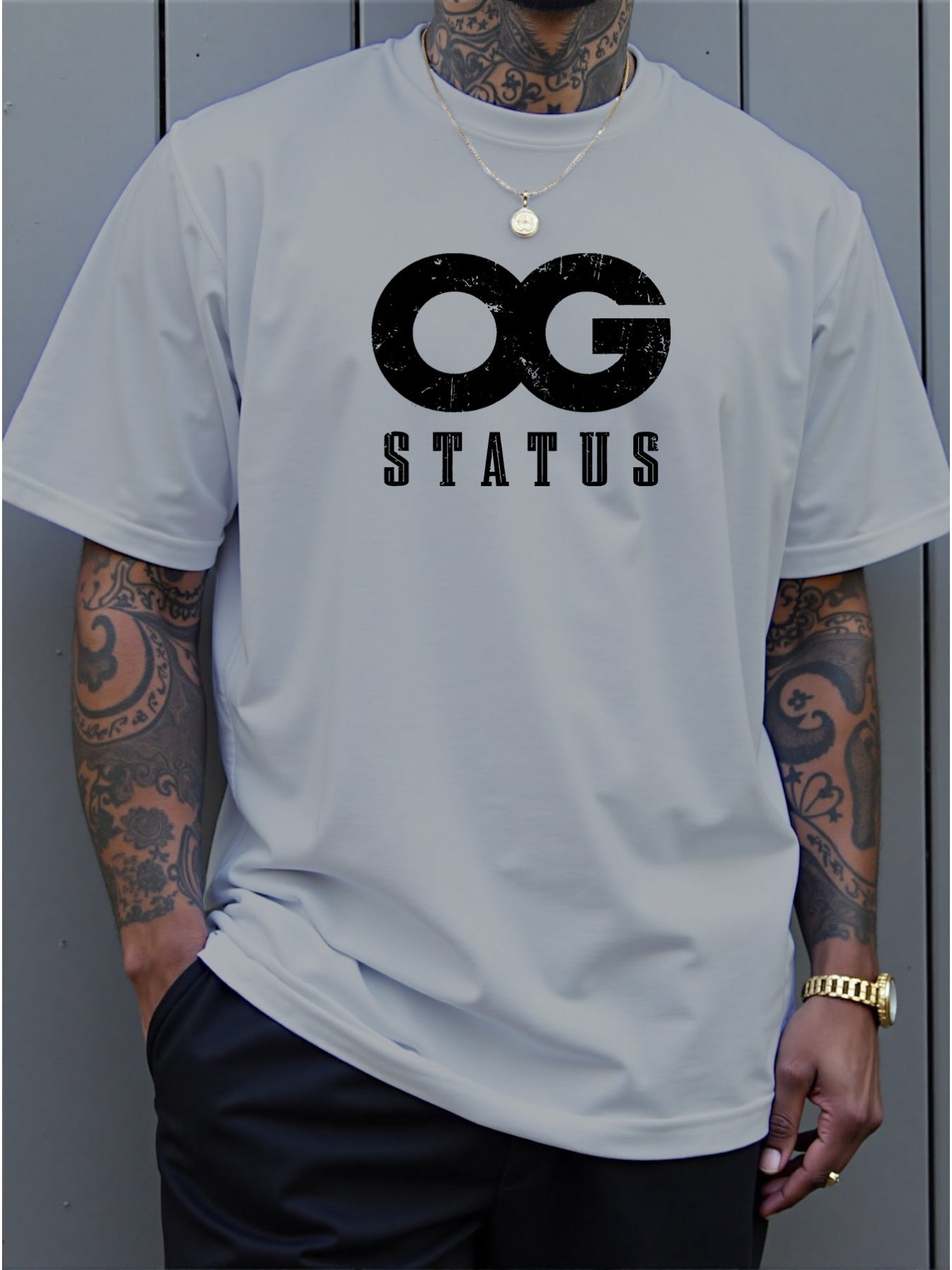 Men's Large 'OG Status' Graphic T-Shirt - Bold White OG Lettering Crew Neck Short Sleeve Shirt, Casual Summer Streetwear with Comfortable Fit & Machine Washable Suitable for Casual Attire, Gym, Lounge, PLUS SIZE