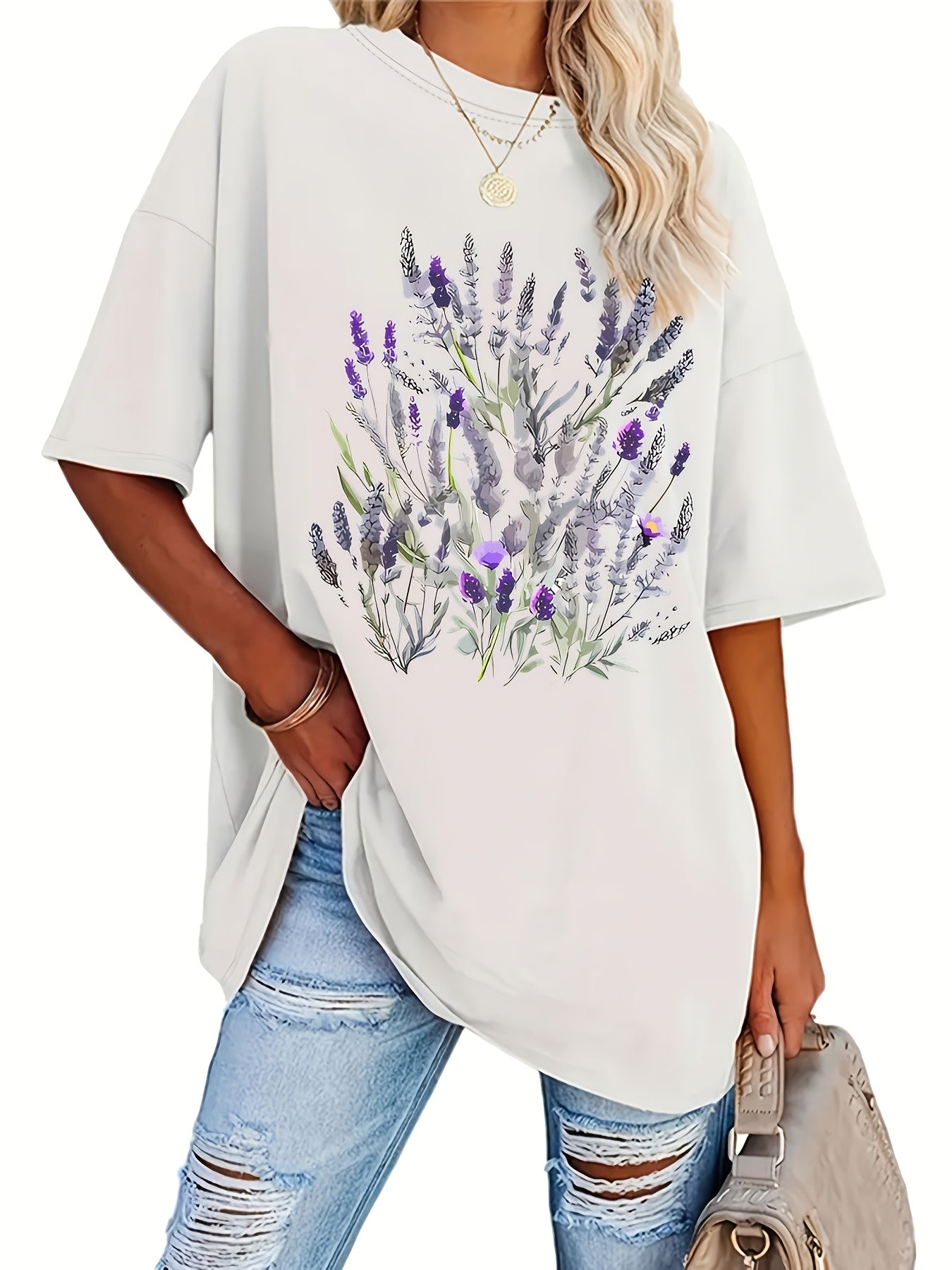 Plus Size - Plus Size - Short Sleeve Floral Print Plus Size Round Neck Casual Top, Summer And Spring, Women'S Plus Size Clothing