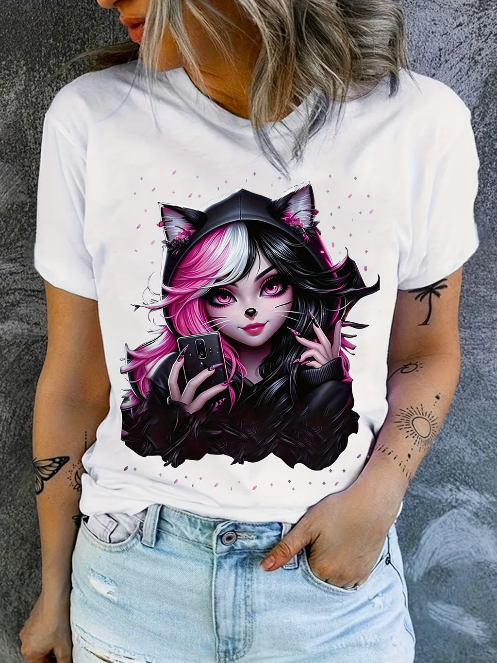 Women's Anime Cat Ear Graphic T-Shirt - Japanese Manga Print Short Sleeve Crew Neck Top, Soft Stretch Casual Summer & Spring Tee for Conventions, Themed Events & Casual Attire
