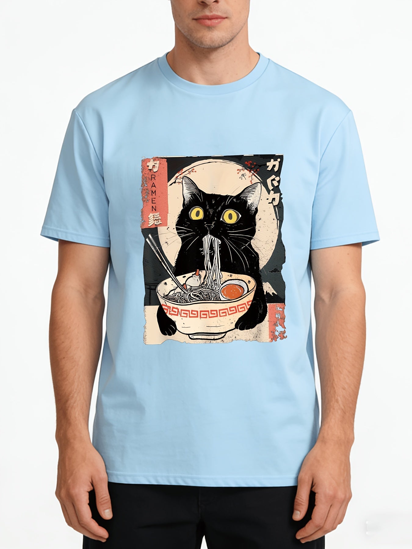 Men's Vintage Japanese Ramen Cat T-Shirt - Kitten Eating Noodles Print Round Neck Short Sleeve, Anime Cat & Ramen Lovers Casual Shirt, Machine Washable Comfortable Casual Attire