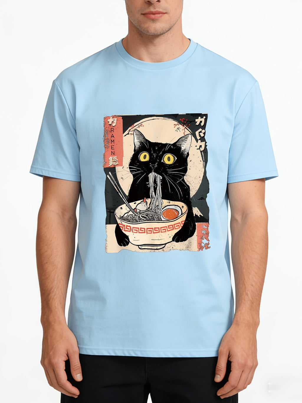 Men's Vintage Japanese Ramen Cat T-Shirt - Kitten Eating Noodles Print Round Neck Short Sleeve, Anime Cat & Ramen Lovers Casual Shirt, Machine Washable Comfortable Casual Attire
