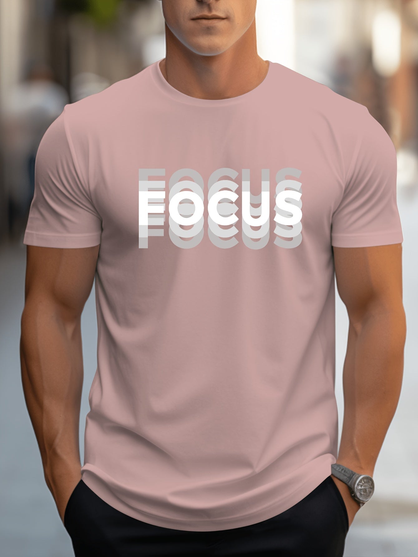Unisex Trendy Letter Print Crew Neck T-Shirt, A Must-Have for Style Enthusiasts! Gradient FOCUS Design, Ultra Stylish & Streetwear-Inspired! Minimalist yet Versatile!