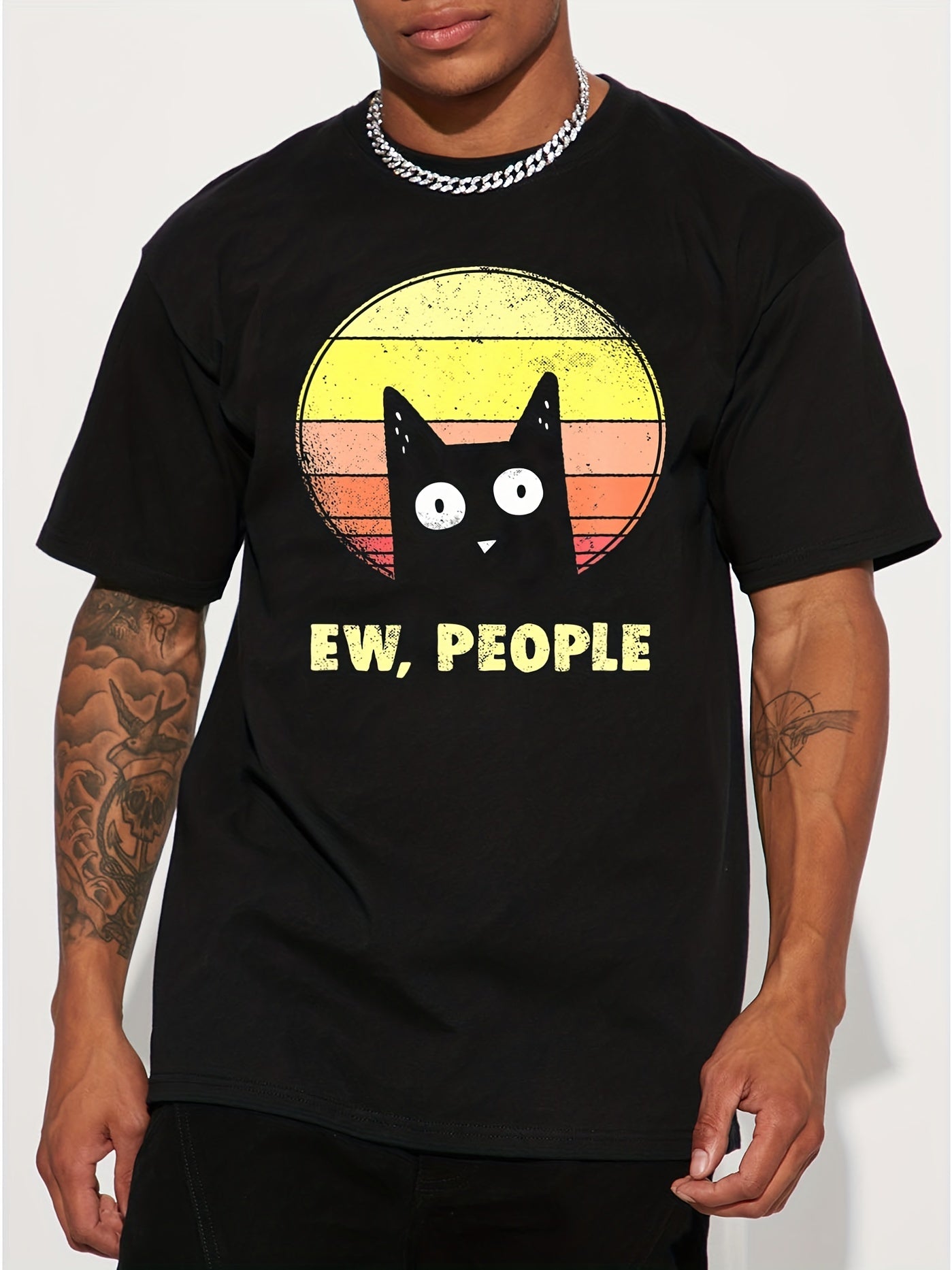 Men's Casual Trendy Black Cat Print T-shirt, Short Sleeve Crew Neck Hip Hop Style Tees For Summer Holiday Gift