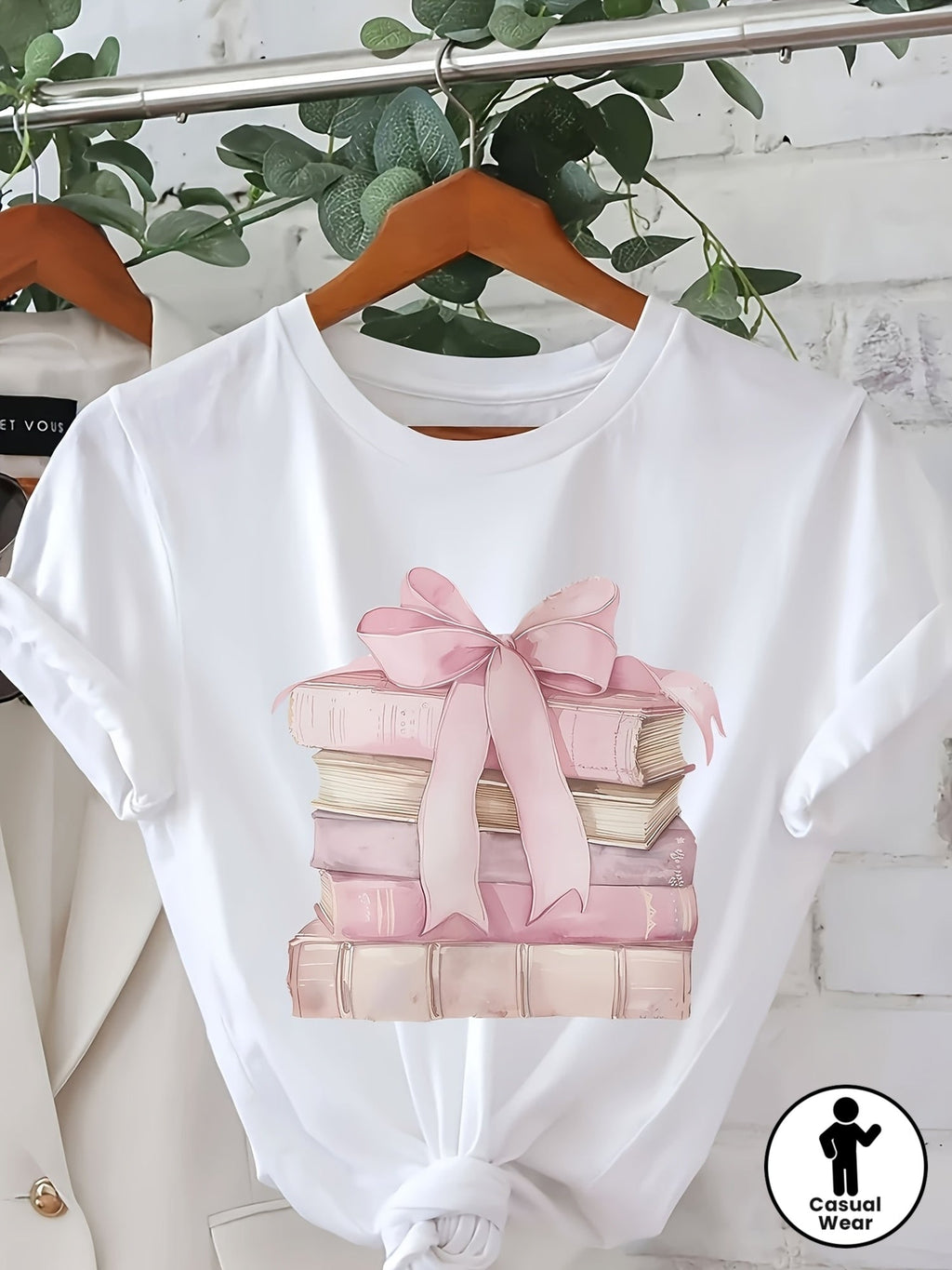 Women's Short Sleeve T-Shirt, Fashionable Book Stacking Bow Pattern Print, Soft Polyester Blend Fabric, Round Neck Casual Spring/Summer Top