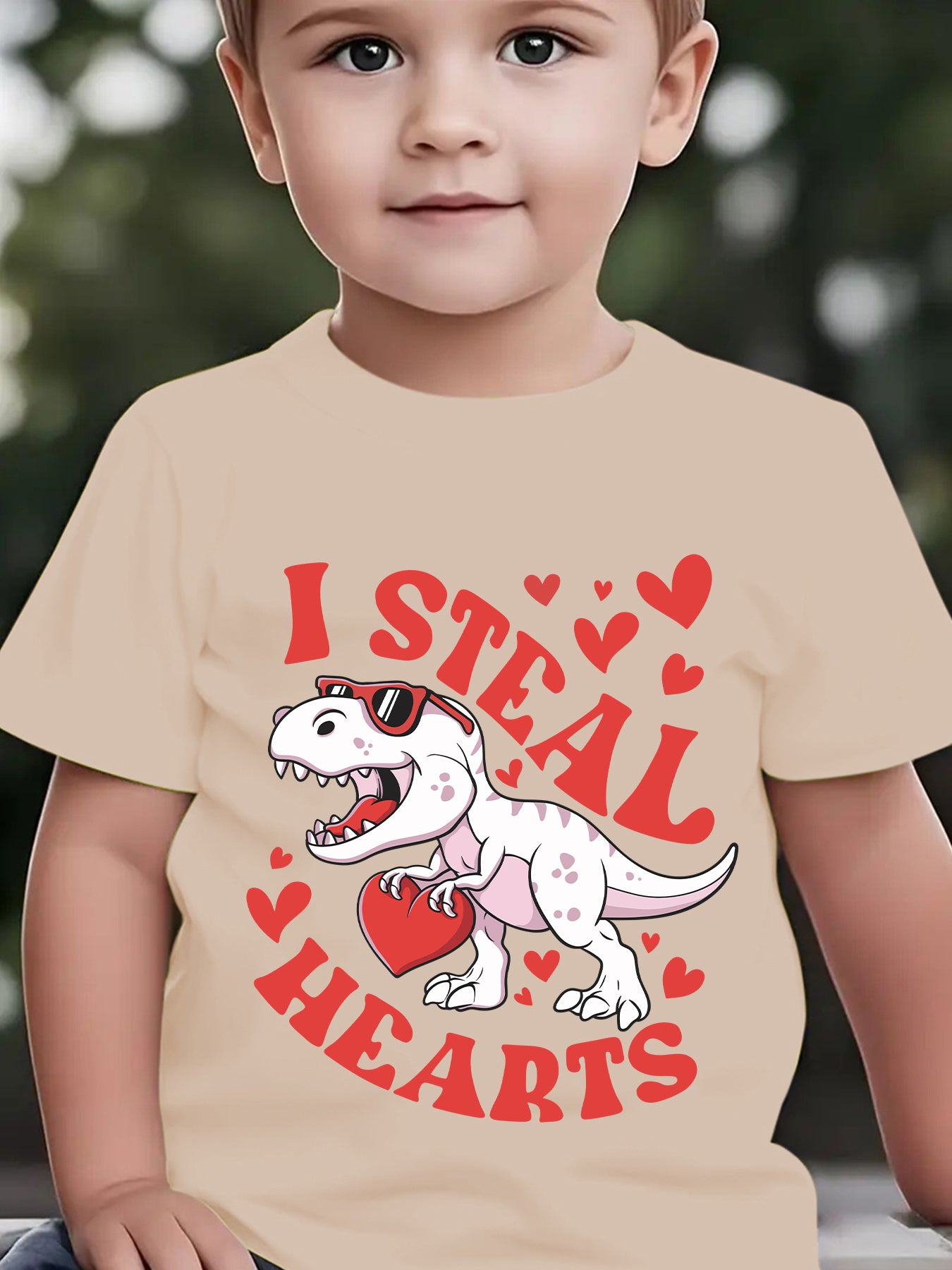 Valentine'S Day Summer Boys' Fashion Short Sleeve T-Shirt "I STEAL HEARTS" Holding Heart Dinosaur Cartoon Pattern Print Outdoor Casual Top NY-DX4923